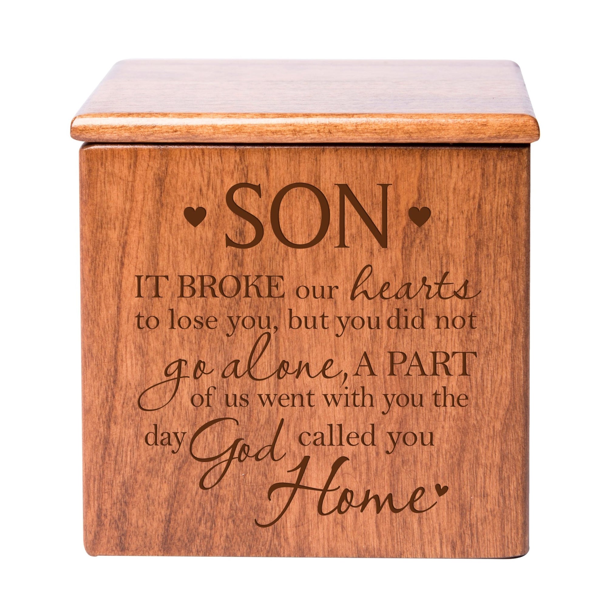 Modern Inspirational Memorial Wooden Cremation Urn Box 4.5x4.5in Holds 49 Cu Inches Of Human Ashes (It Broke Our Hearts Son) Funeral and Commemorative Keepsake - LifeSong Milestones