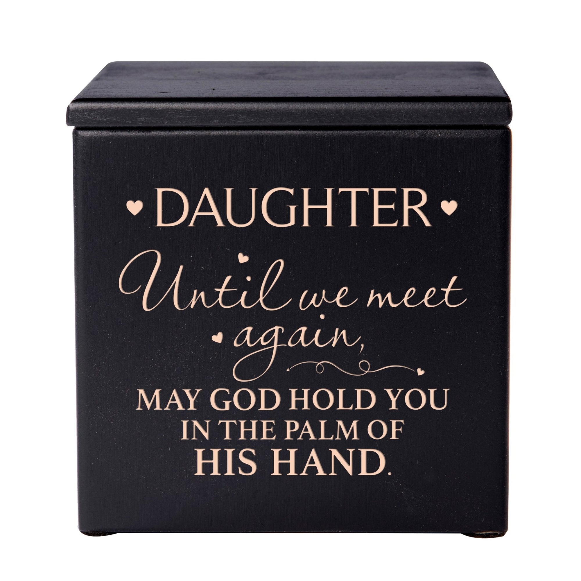 Modern Inspirational Memorial Wooden Cremation Urn Box 4.5x4.5in Holds 49 Cu Inches Of Human Ashes (Until We Meet Again Daughter) Funeral and Commemorative Keepsake - LifeSong Milestones