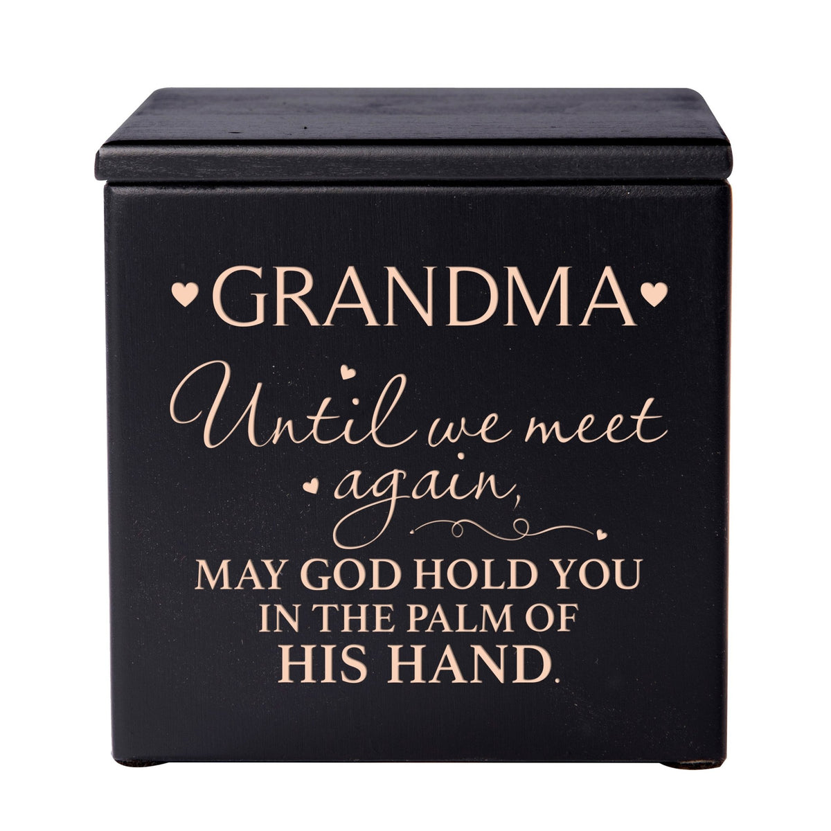 Modern Inspirational Memorial Wooden Cremation Urn Box 4.5x4.5in Holds 49 Cu Inches Of Human Ashes (Until We Meet Again Grandma) Funeral and Commemorative Keepsake - LifeSong Milestones