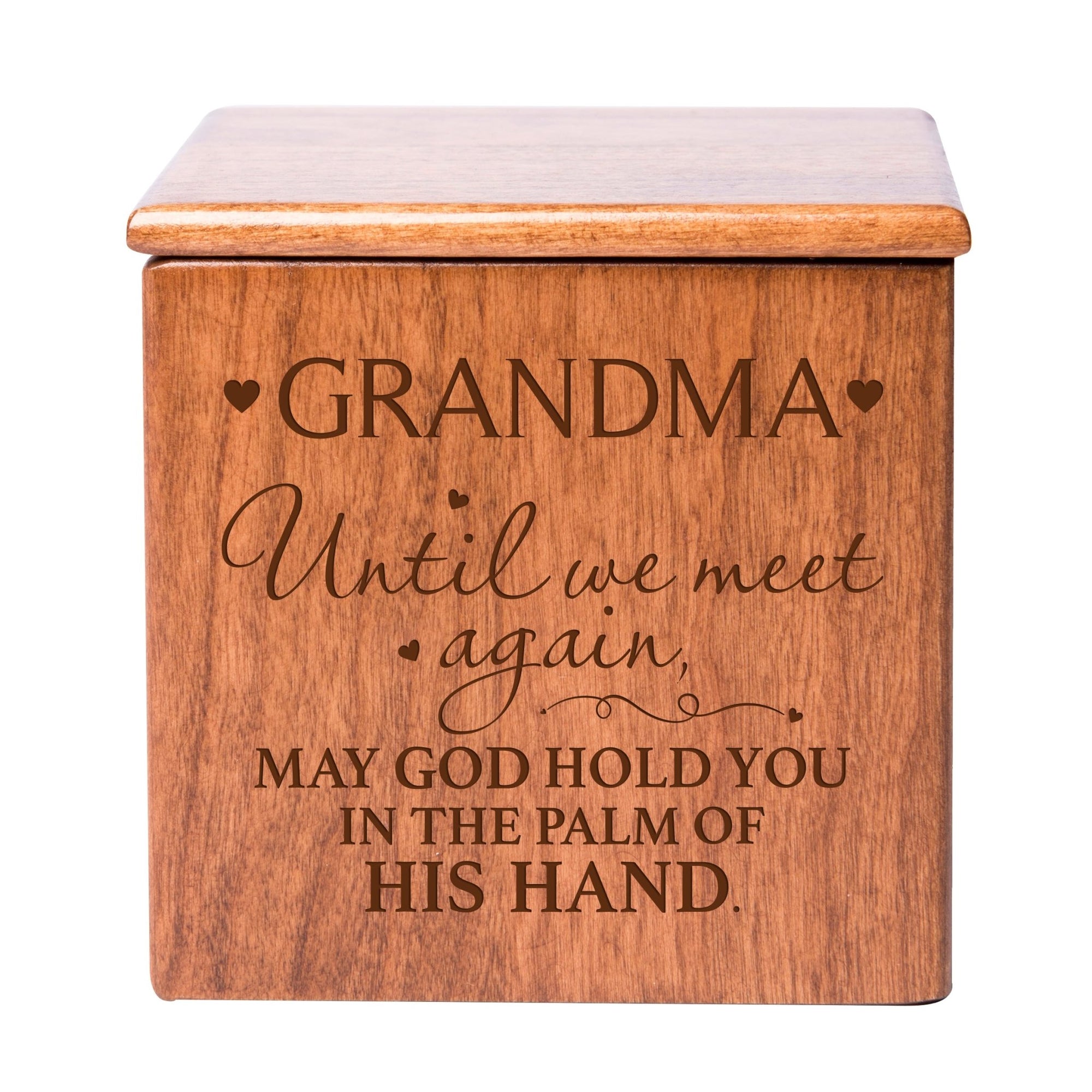 Modern Inspirational Memorial Wooden Cremation Urn Box 4.5x4.5in Holds 49 Cu Inches Of Human Ashes (Until We Meet Again Grandma) Funeral and Commemorative Keepsake - LifeSong Milestones