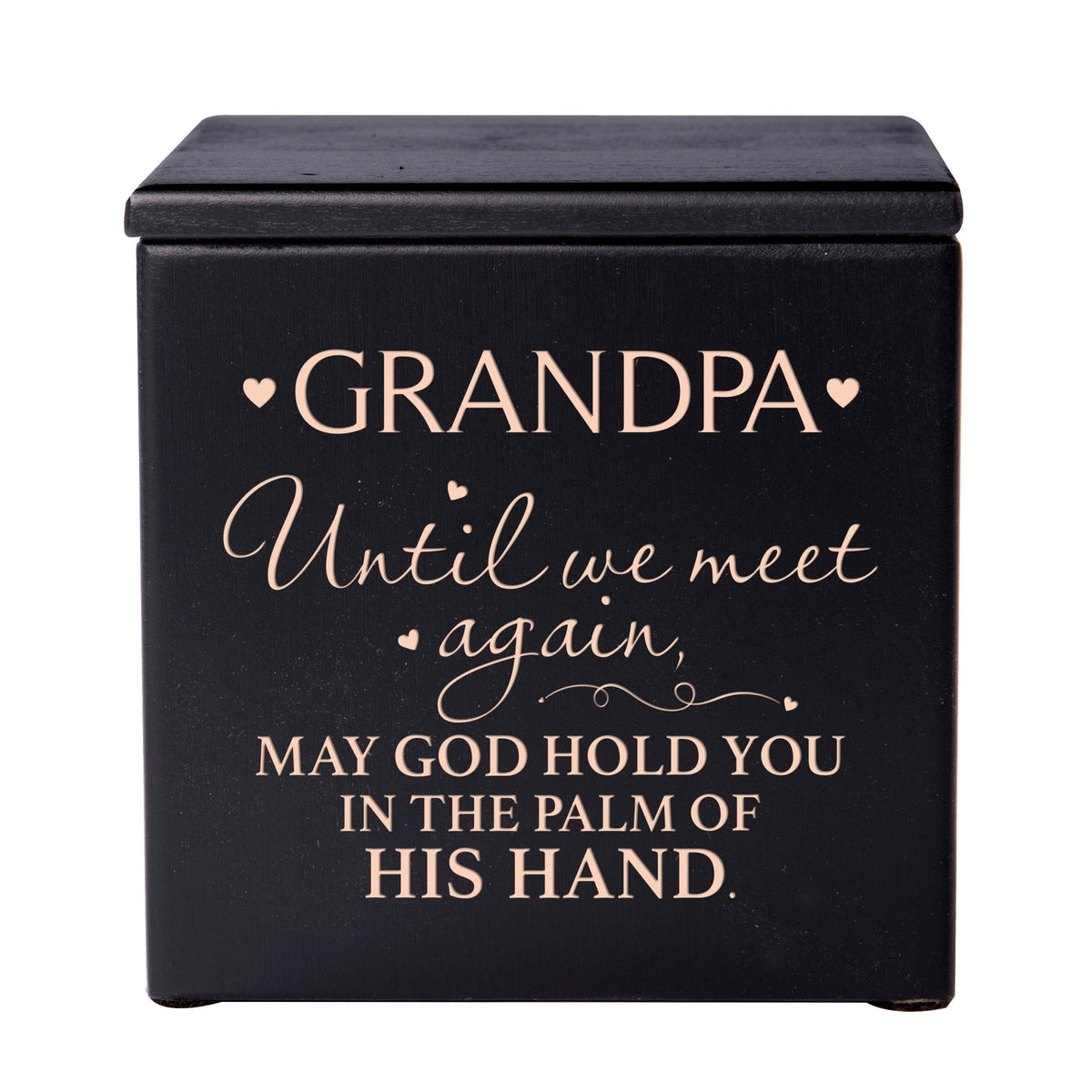 Modern Inspirational Memorial Wooden Cremation Urn Box 4.5x4.5in Holds 49 Cu Inches Of Human Ashes (Until We Meet Again Grandpa) Funeral and Commemorative Keepsake - LifeSong Milestones