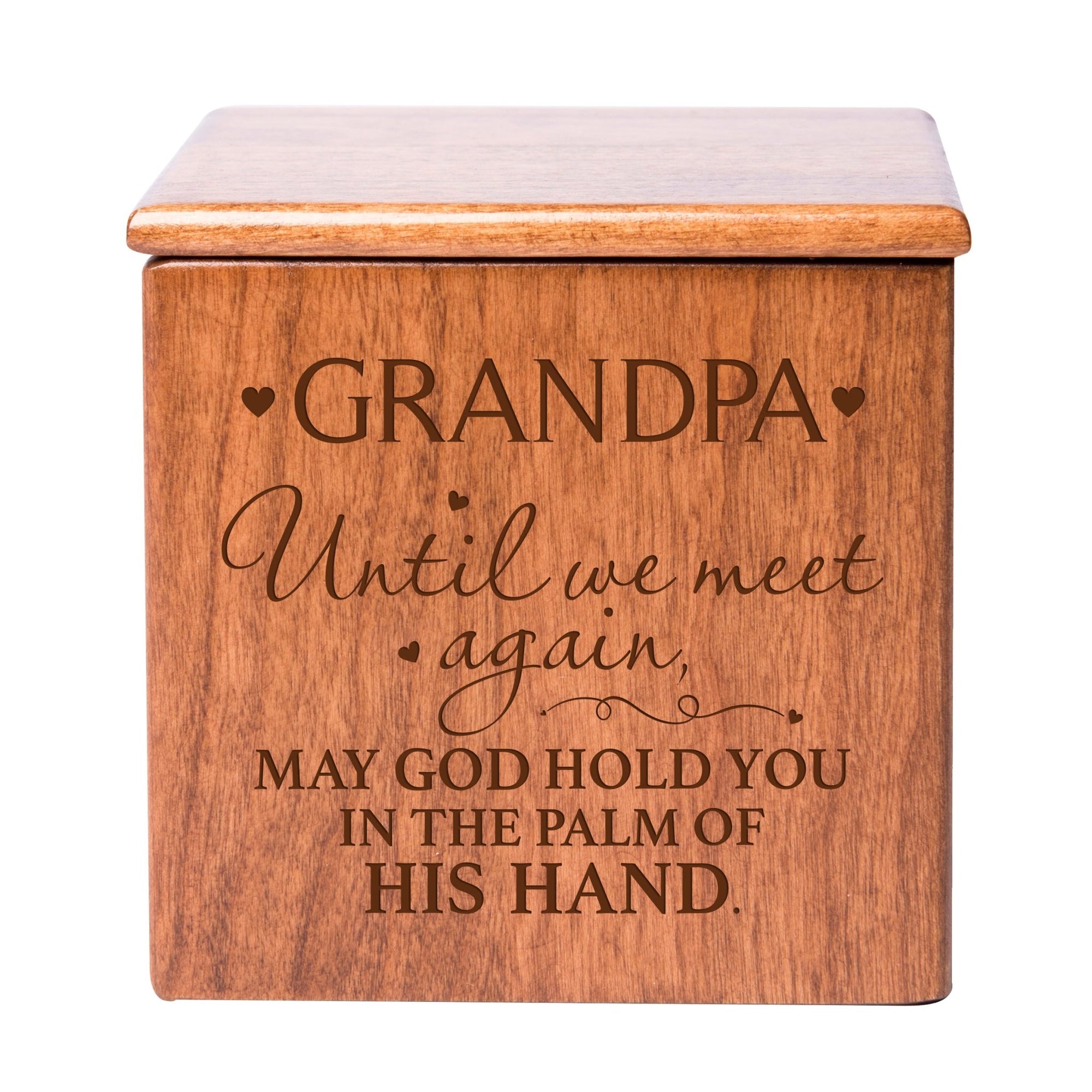 Modern Inspirational Memorial Wooden Cremation Urn Box 4.5x4.5in Holds 49 Cu Inches Of Human Ashes (Until We Meet Again Grandpa) Funeral and Commemorative Keepsake - LifeSong Milestones