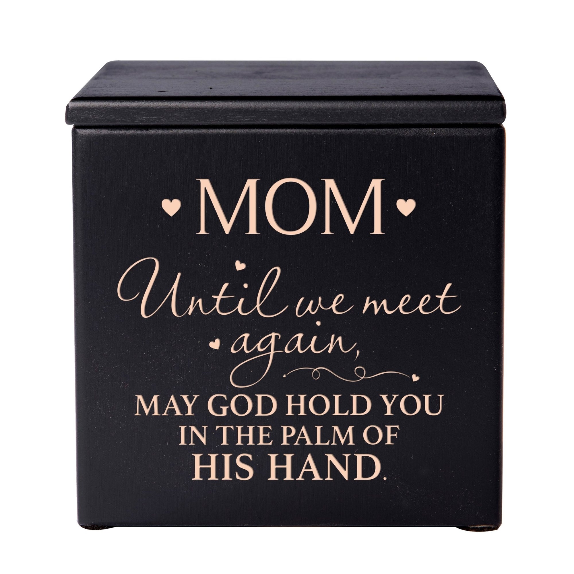 Modern Inspirational Memorial Wooden Cremation Urn Box 4.5x4.5in Holds 49 Cu Inches Of Human Ashes (Until We Meet Again Mom) Funeral and Commemorative Keepsake - LifeSong Milestones