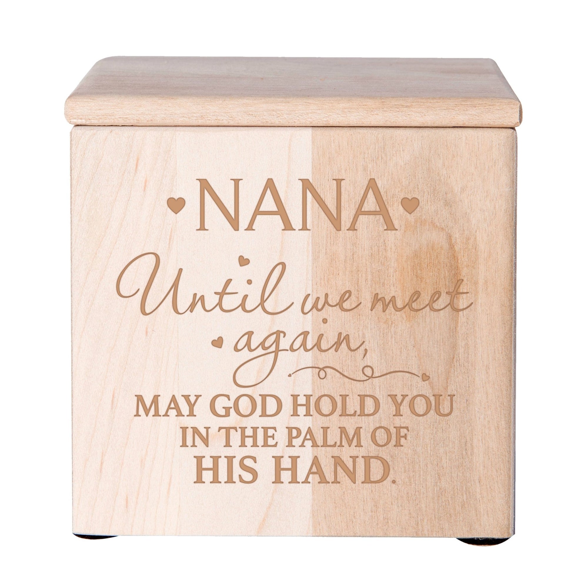 Modern Inspirational Memorial Wooden Cremation Urn Box 4.5x4.5in Holds 49 Cu Inches Of Human Ashes (Until We Meet Again Nana) Funeral and Commemorative Keepsake - LifeSong Milestones