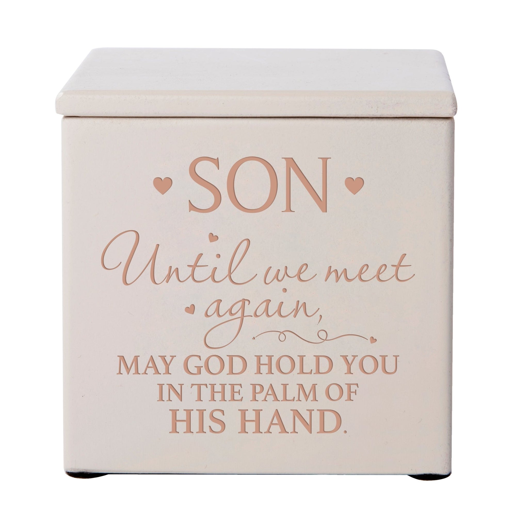 Modern Inspirational Memorial Wooden Cremation Urn Box 4.5x4.5in Holds 49 Cu Inches Of Human Ashes (Until We Meet Again Son) Funeral and Commemorative Keepsake - LifeSong Milestones