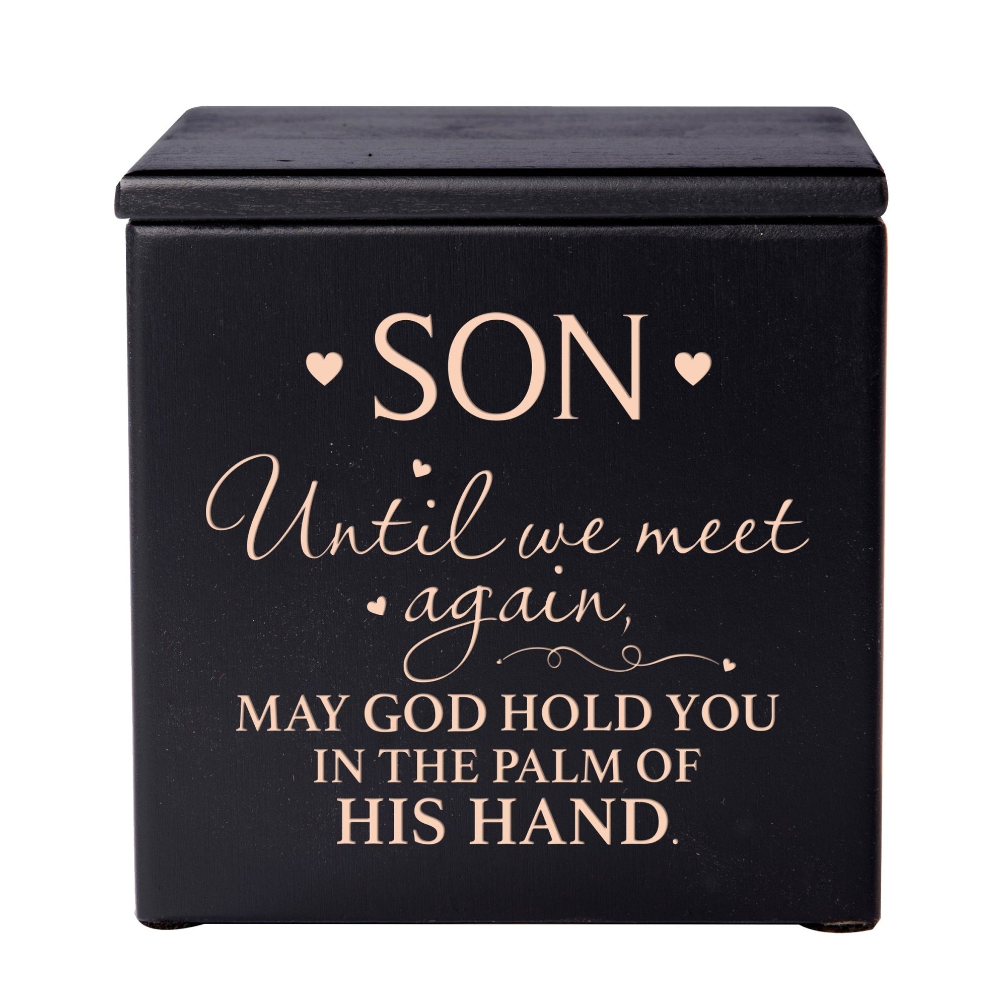 Modern Inspirational Memorial Wooden Cremation Urn Box 4.5x4.5in Holds 49 Cu Inches Of Human Ashes (Until We Meet Again Son) Funeral and Commemorative Keepsake - LifeSong Milestones