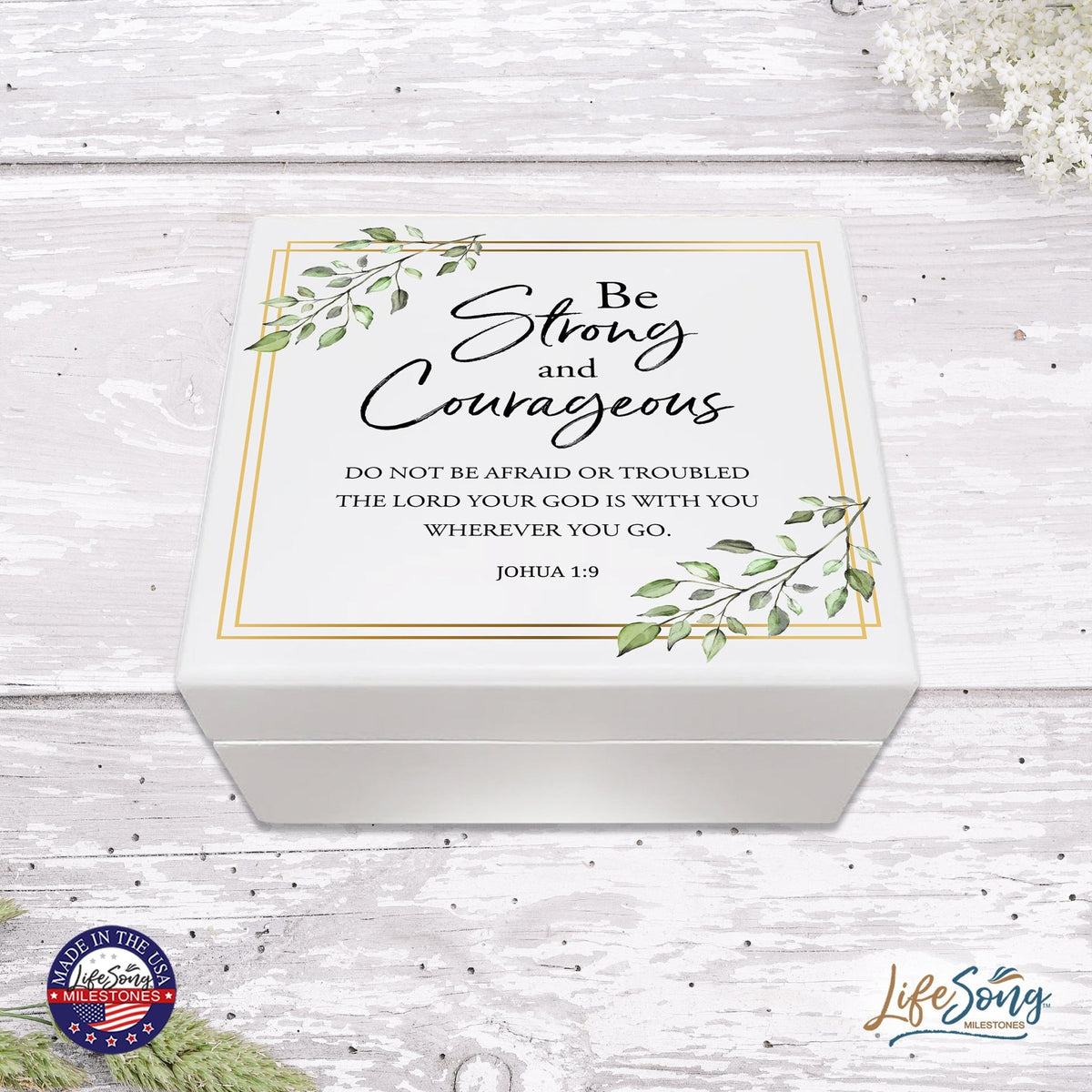 Modern Inspirational White Jewelry Keepsake Box for Children 6x5.5 - Be Strong and Courageous - LifeSong Milestones