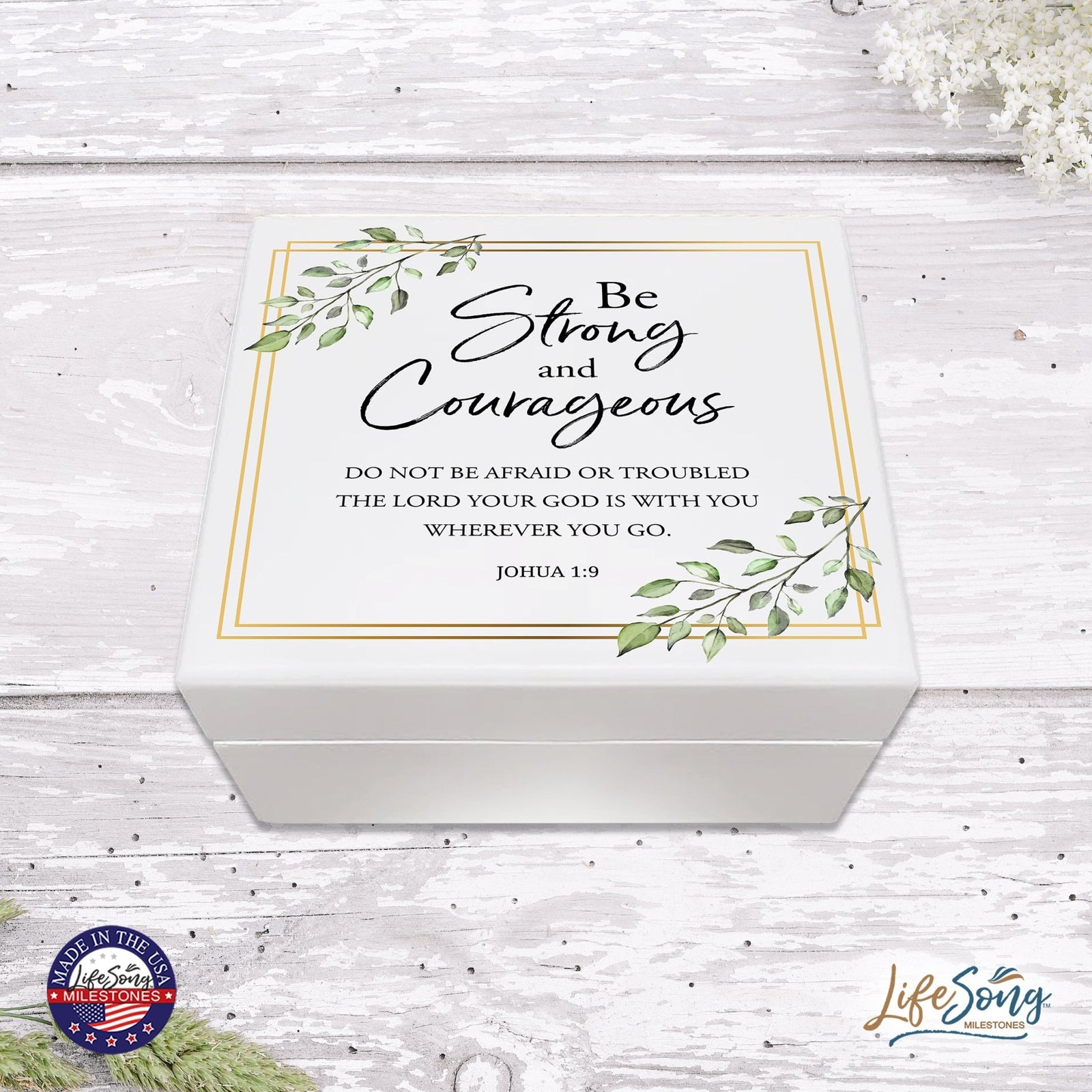Modern Inspirational White Jewelry Keepsake Box for Children 6x5.5 - Be Strong and Courageous - LifeSong Milestones