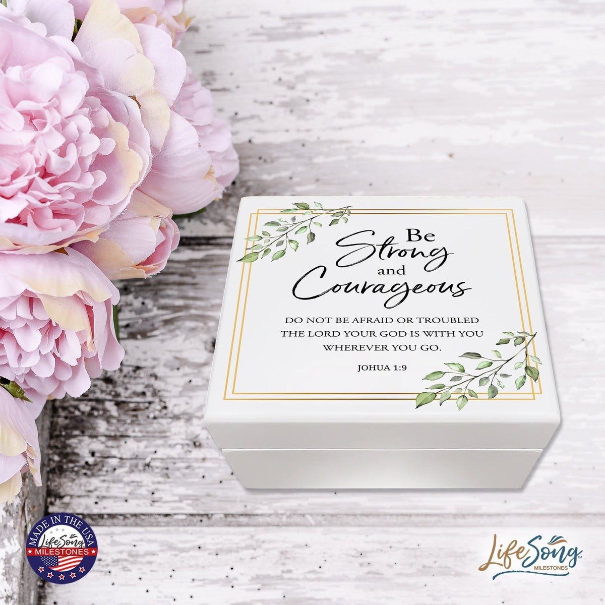 Modern Inspirational White Jewelry Keepsake Box for Children 6x5.5 - Be Strong and Courageous - LifeSong Milestones