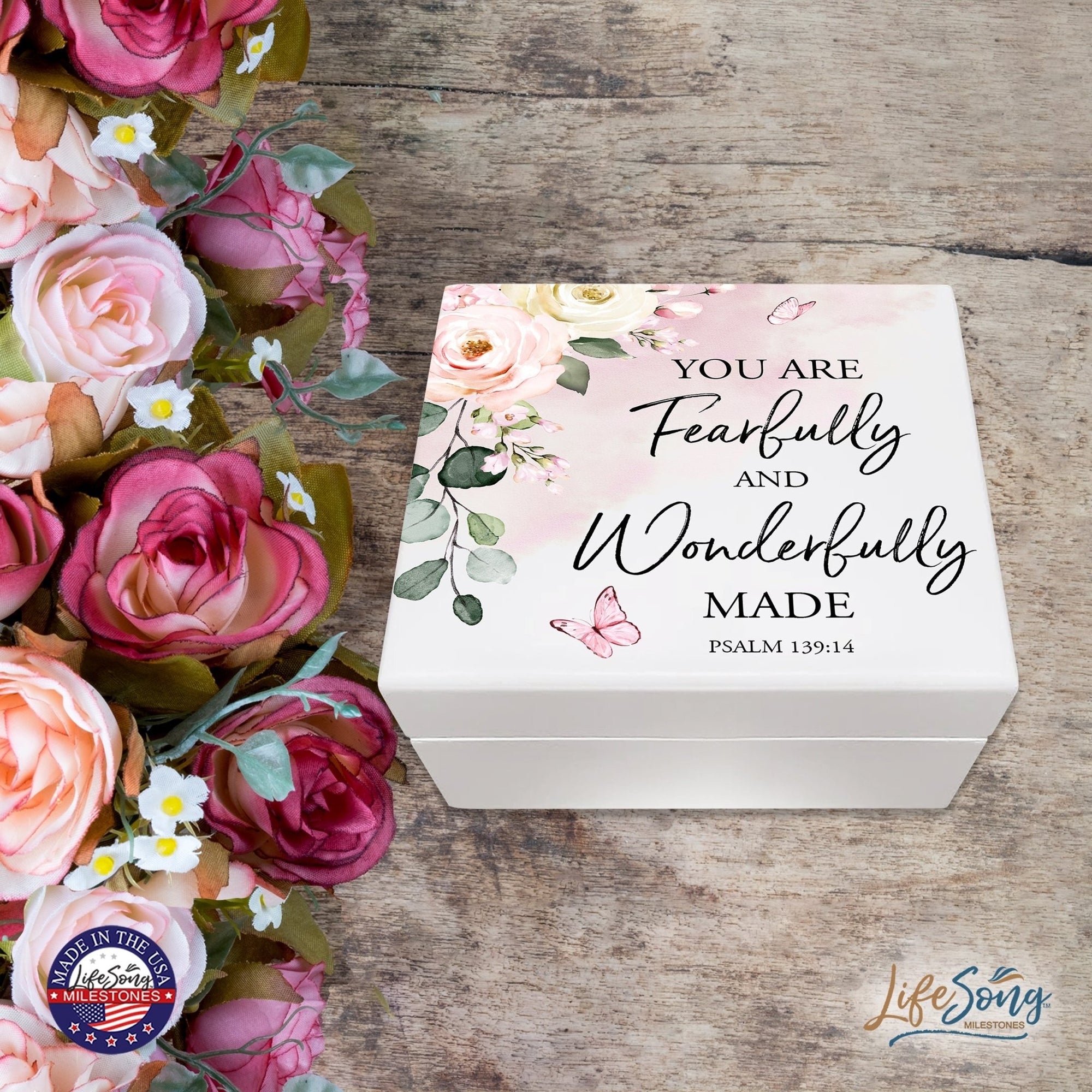 Modern Inspirational White Jewelry Keepsake Box for Children 6x5.5 - Fearfully and Wonderfully Made - LifeSong Milestones