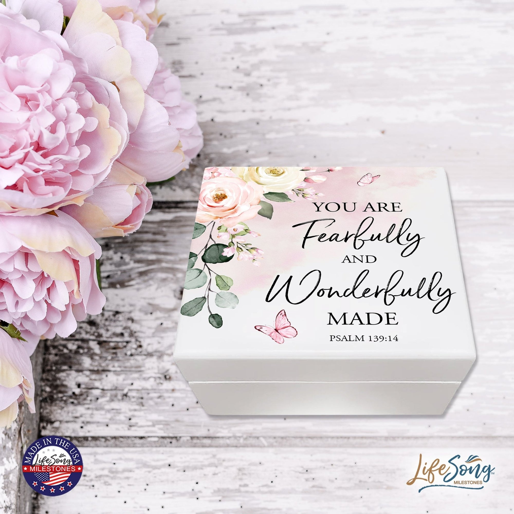 Modern Inspirational White Jewelry Keepsake Box for Children 6x5.5 - Fearfully and Wonderfully Made - LifeSong Milestones