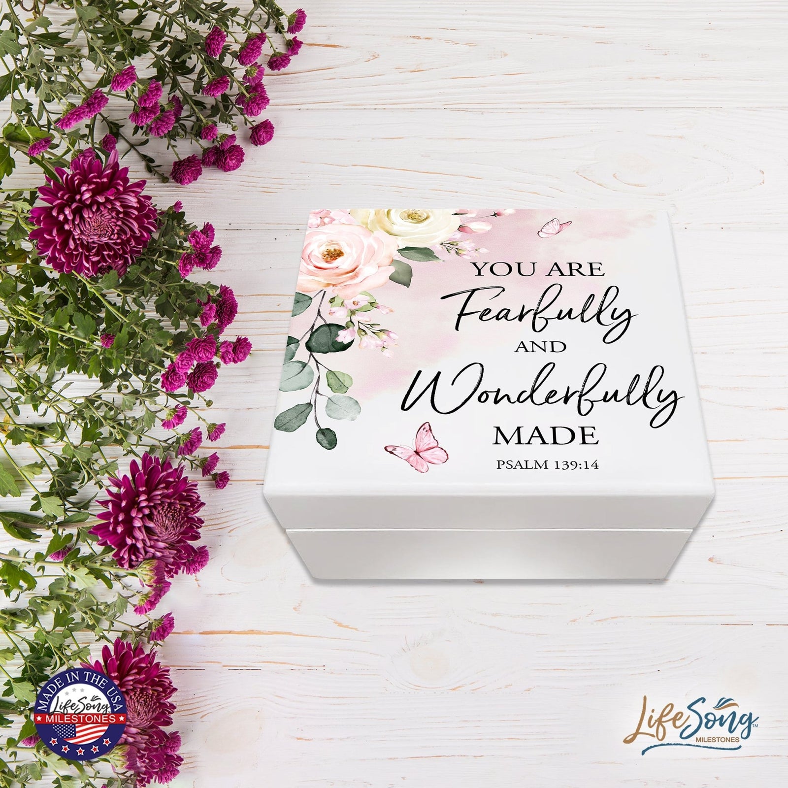 Modern Inspirational White Jewelry Keepsake Box for Children 6x5.5 - Fearfully and Wonderfully Made - LifeSong Milestones