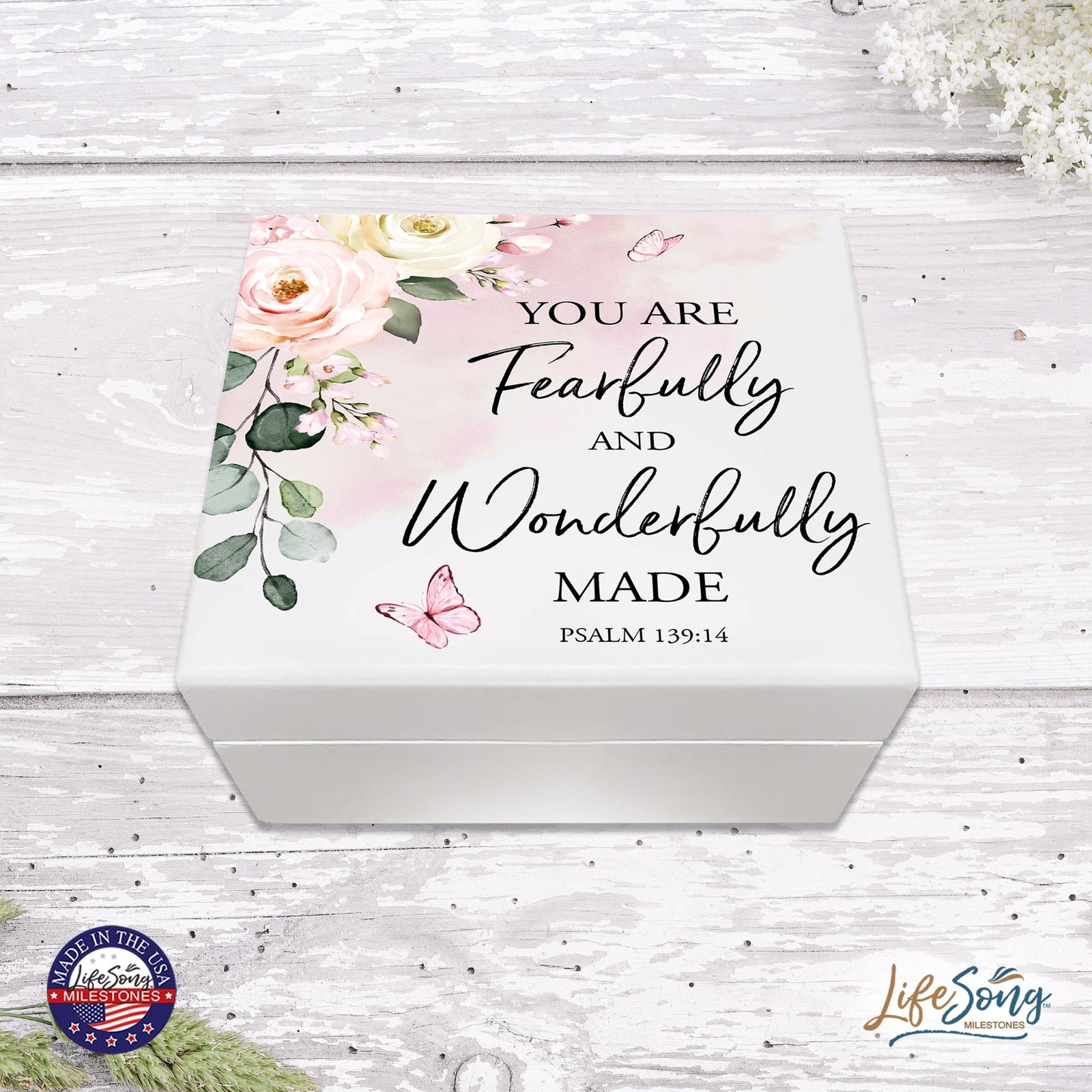 Modern Inspirational White Jewelry Keepsake Box for Children 6x5.5 - Fearfully and Wonderfully Made - LifeSong Milestones