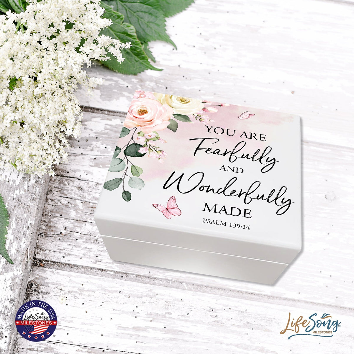 Modern Inspirational White Jewelry Keepsake Box for Children 6x5.5 - Fearfully and Wonderfully Made - LifeSong Milestones