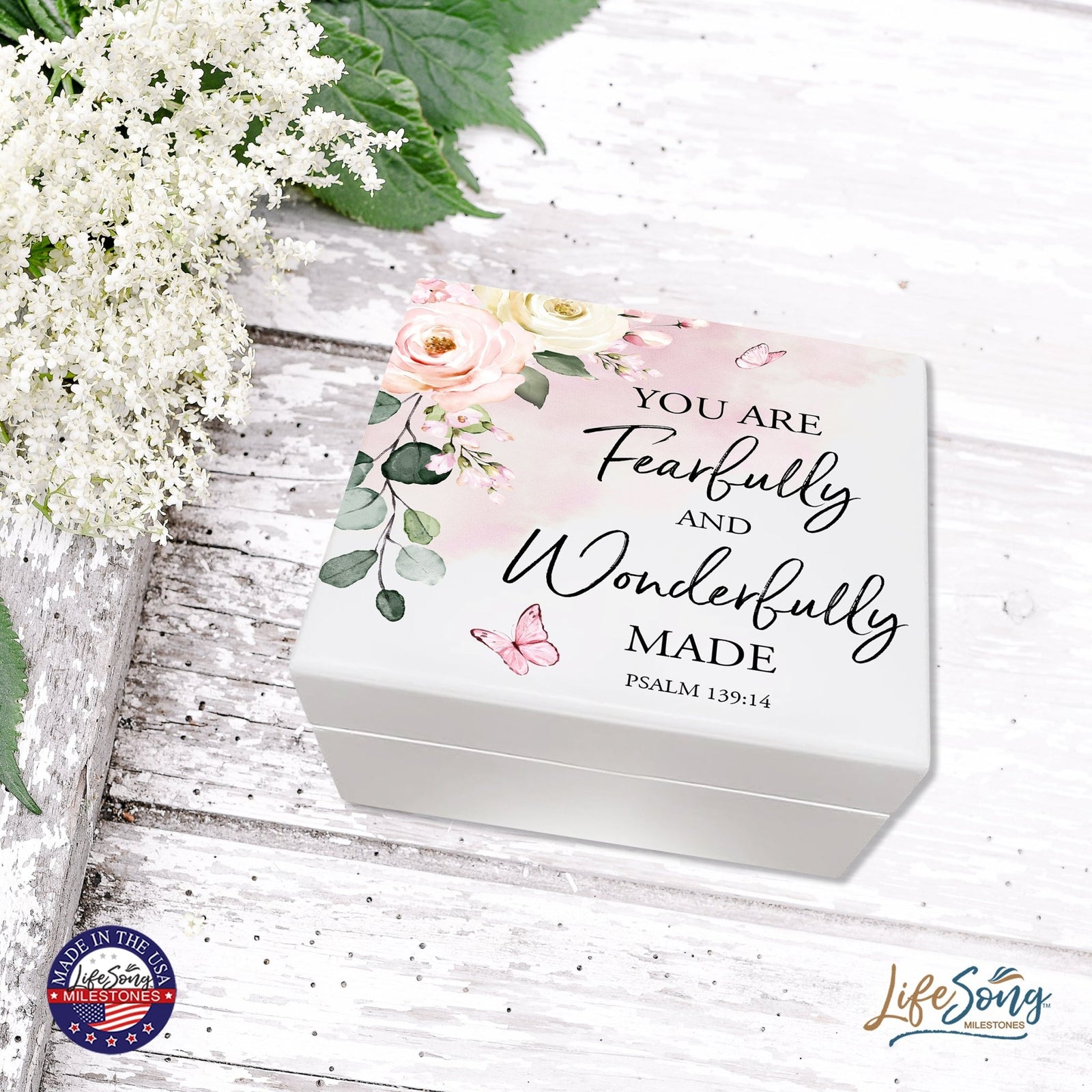Modern Inspirational White Jewelry Keepsake Box for Children 6x5.5 - Fearfully and Wonderfully Made - LifeSong Milestones