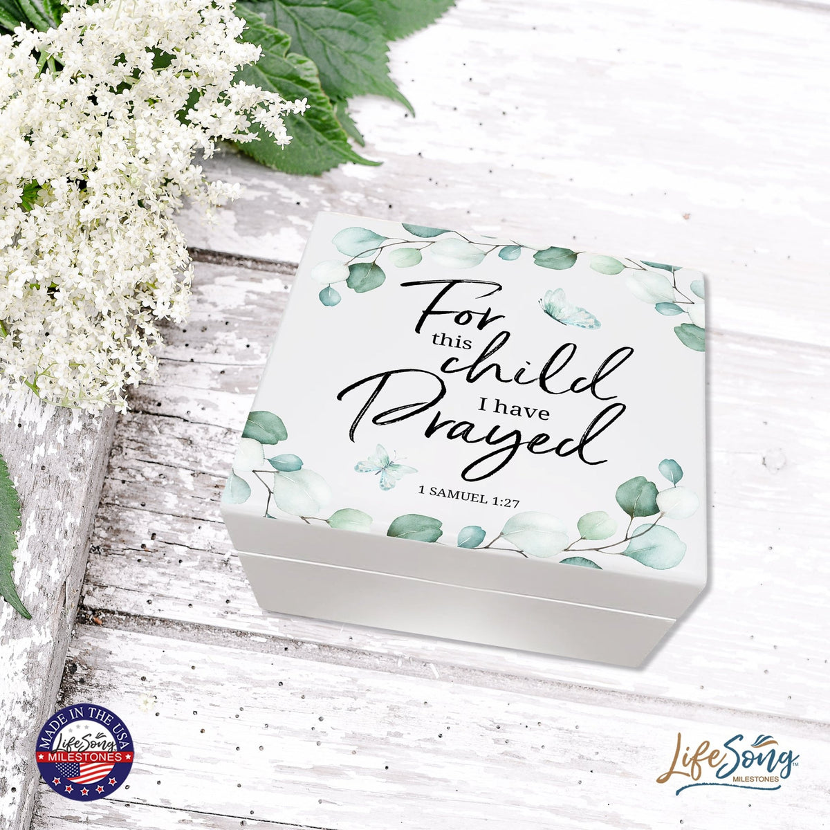 Modern Inspirational White Jewelry Keepsake Box for Children 6x5.5 - For This Child I Have Prayed - LifeSong Milestones