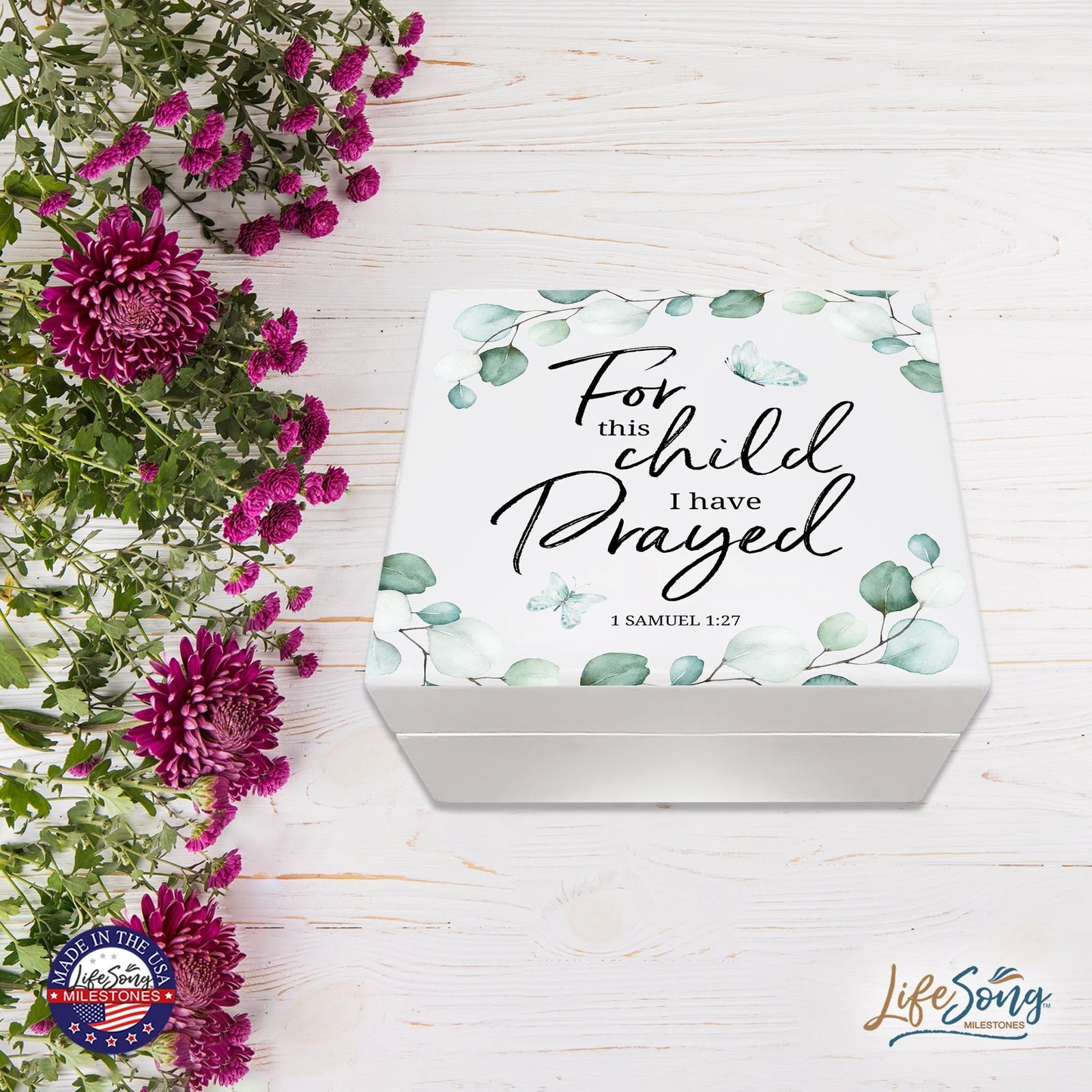 Modern Inspirational White Jewelry Keepsake Box for Children 6x5.5 - For This Child I Have Prayed - LifeSong Milestones