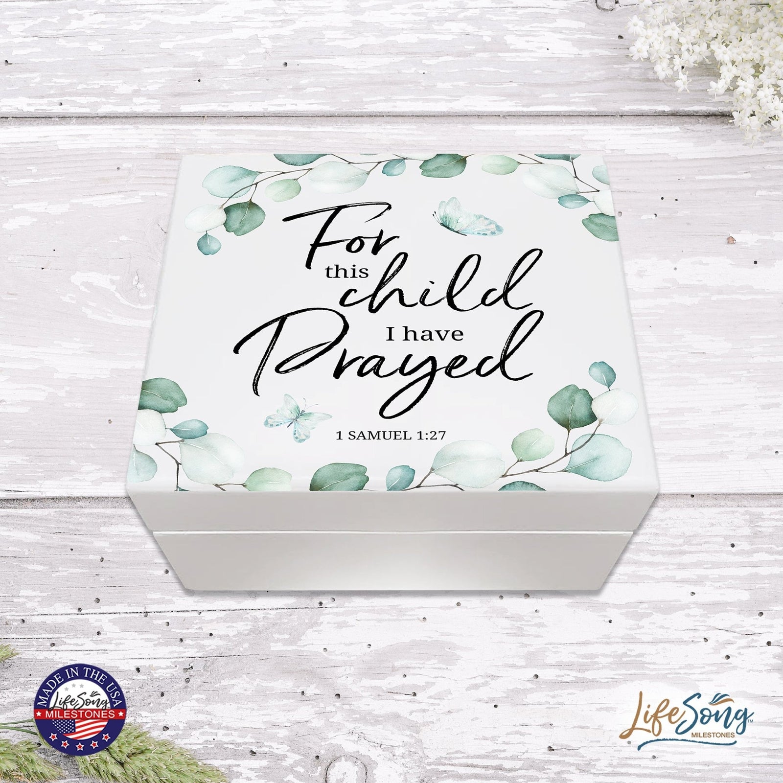 Modern Inspirational White Jewelry Keepsake Box for Children 6x5.5 - For This Child I Have Prayed - LifeSong Milestones
