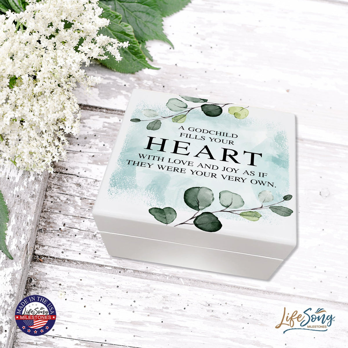 Modern Inspirational White Jewelry Keepsake Box for Godchildren 6x5.5 - A Godchild Fills Your Heart - LifeSong Milestones