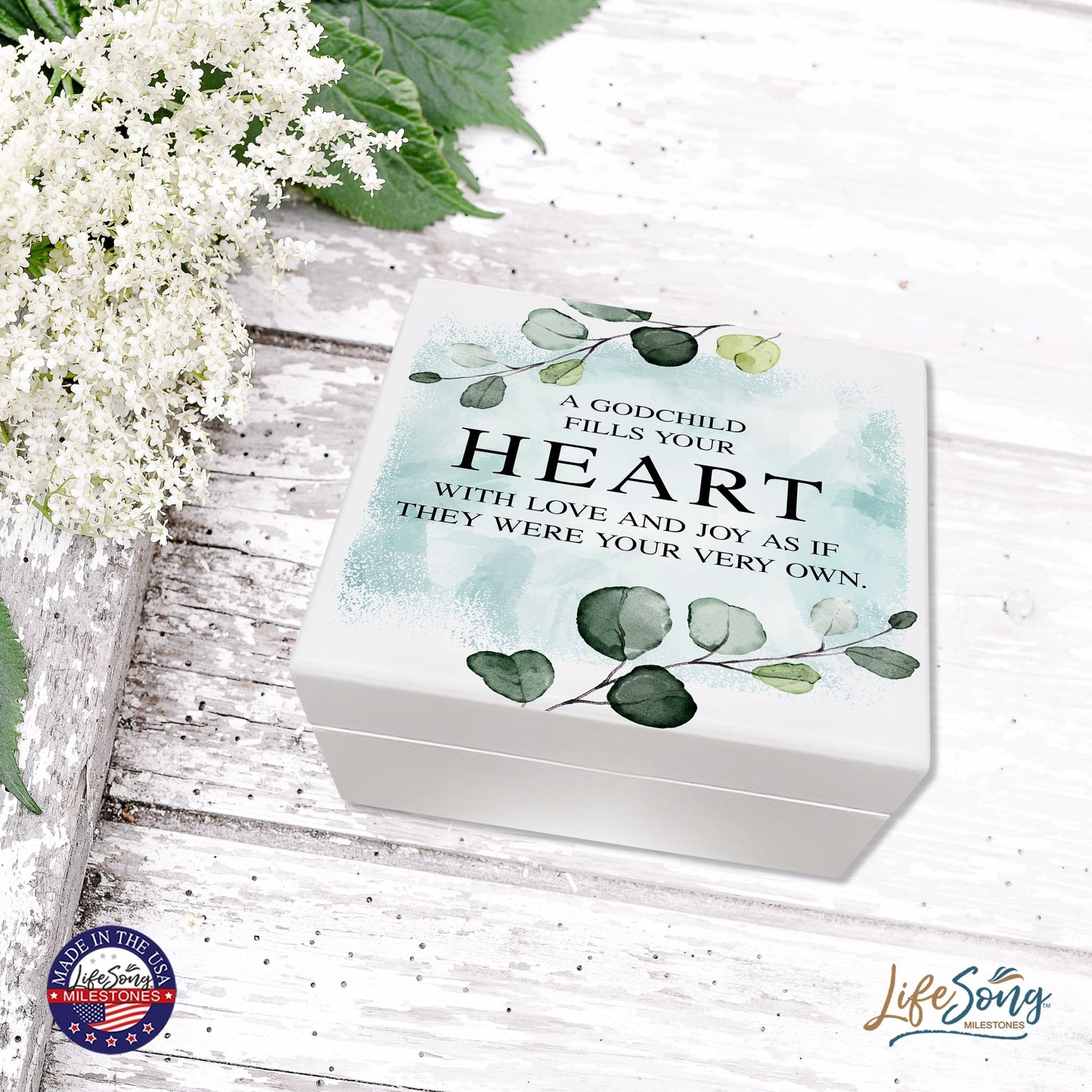 Modern Inspirational White Jewelry Keepsake Box for Godchildren 6x5.5 - A Godchild Fills Your Heart - LifeSong Milestones
