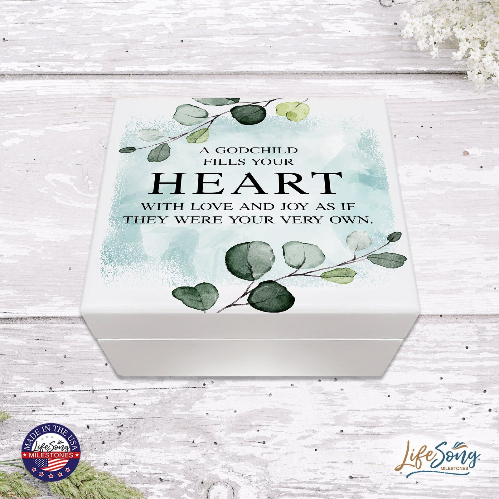 Modern Inspirational White Jewelry Keepsake Box for Godchildren 6x5.5 - A Godchild Fills Your Heart - LifeSong Milestones