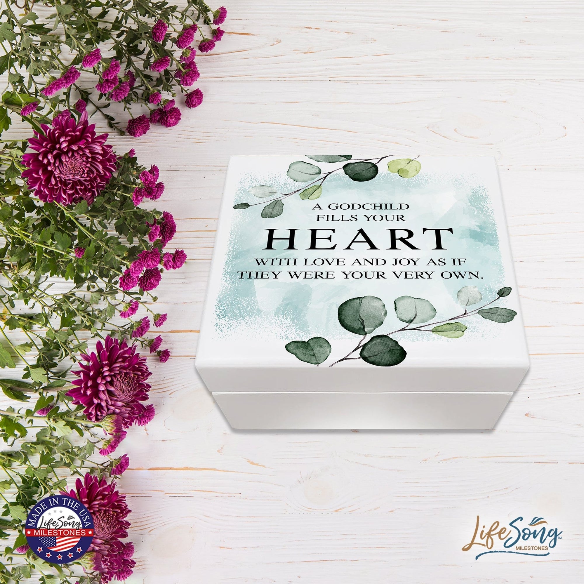 Modern Inspirational White Jewelry Keepsake Box for Godchildren 6x5.5 - A Godchild Fills Your Heart - LifeSong Milestones