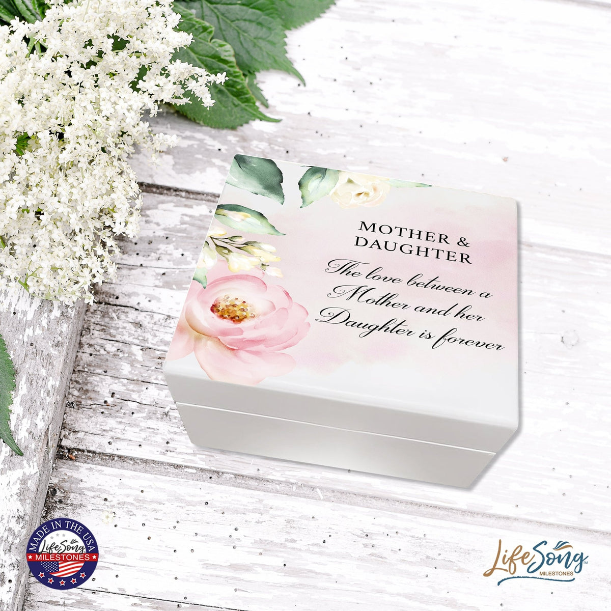 Modern Inspirational White Jewelry Keepsake Box for Mother 6x5.5 - Mother and Daughter - LifeSong Milestones