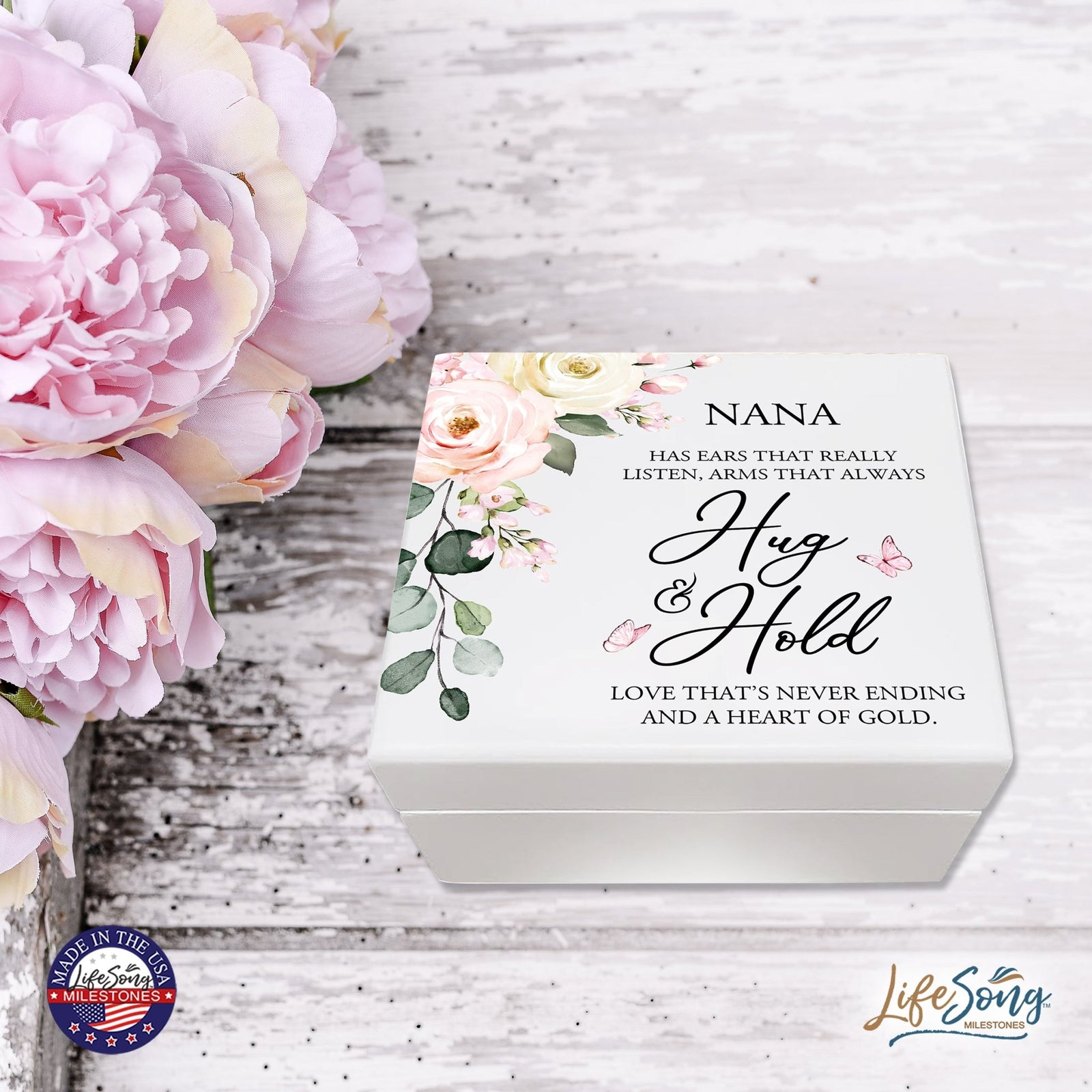 Modern Inspirational White Jewelry Keepsake Box for Nana 6x5.5 - Hug and Hold - LifeSong Milestones