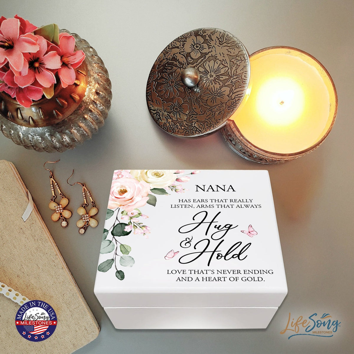 Modern Inspirational White Jewelry Keepsake Box for Nana 6x5.5 - Hug and Hold - LifeSong Milestones