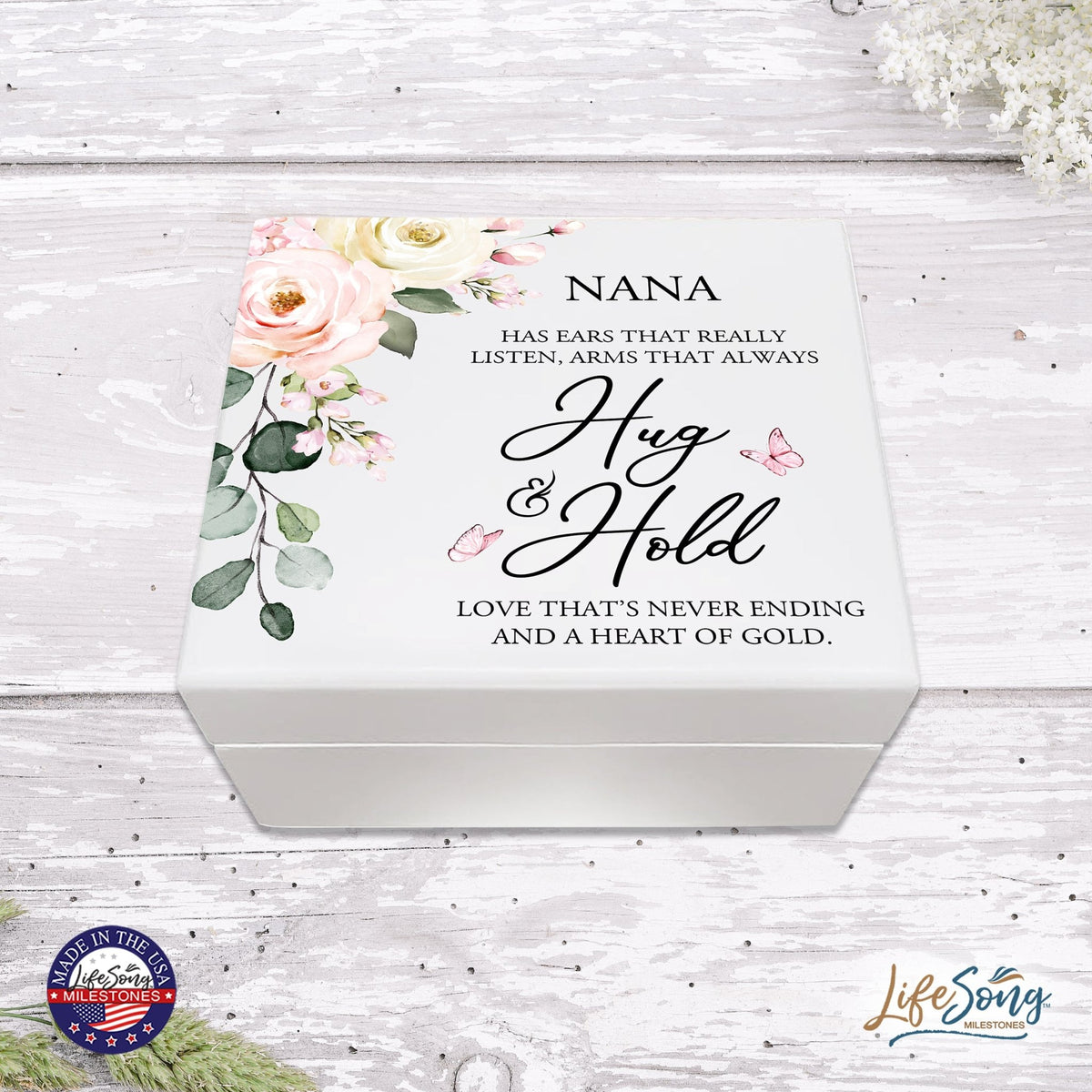 Modern Inspirational White Jewelry Keepsake Box for Nana 6x5.5 - Hug and Hold - LifeSong Milestones