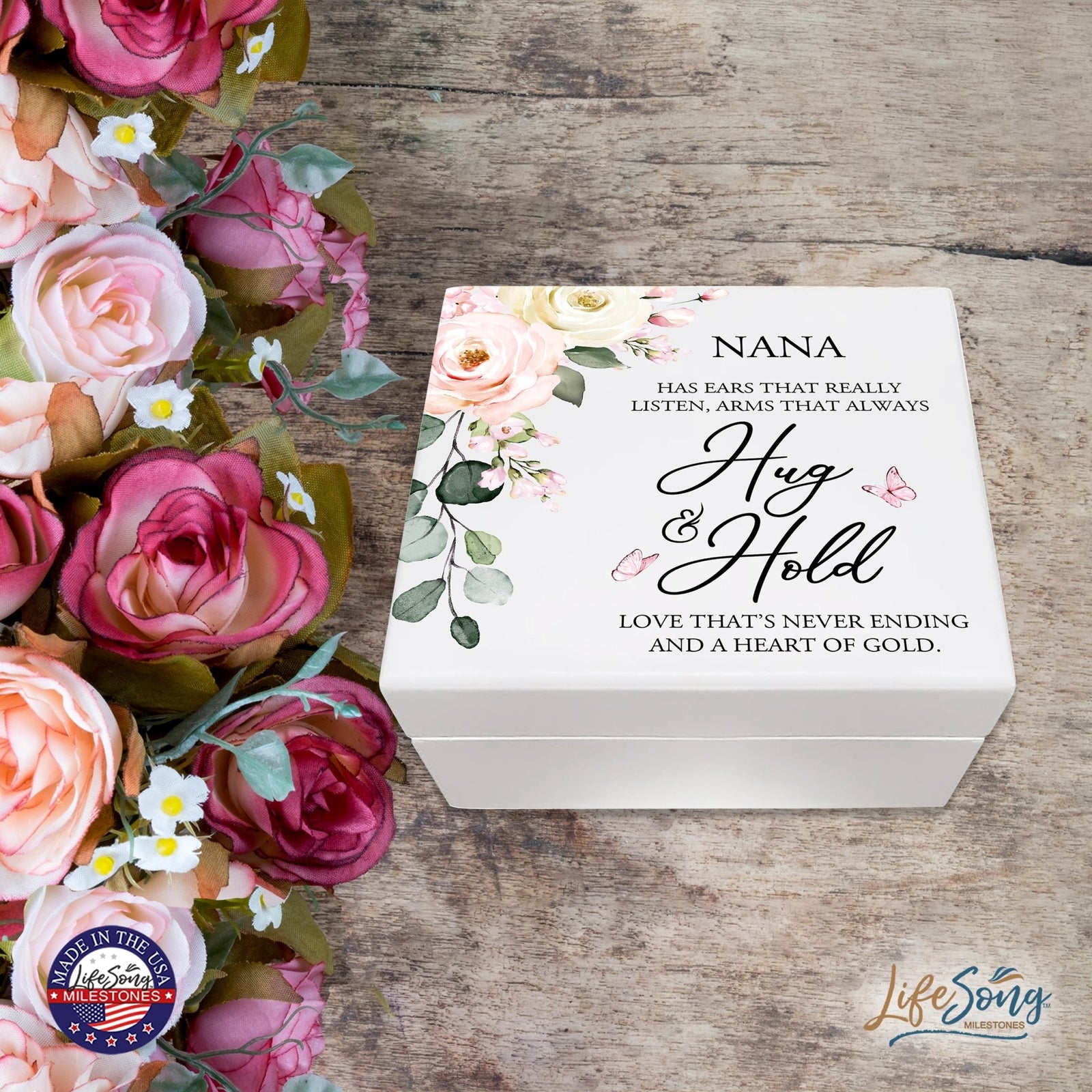 Modern Inspirational White Jewelry Keepsake Box for Nana 6x5.5 - Hug and Hold - LifeSong Milestones