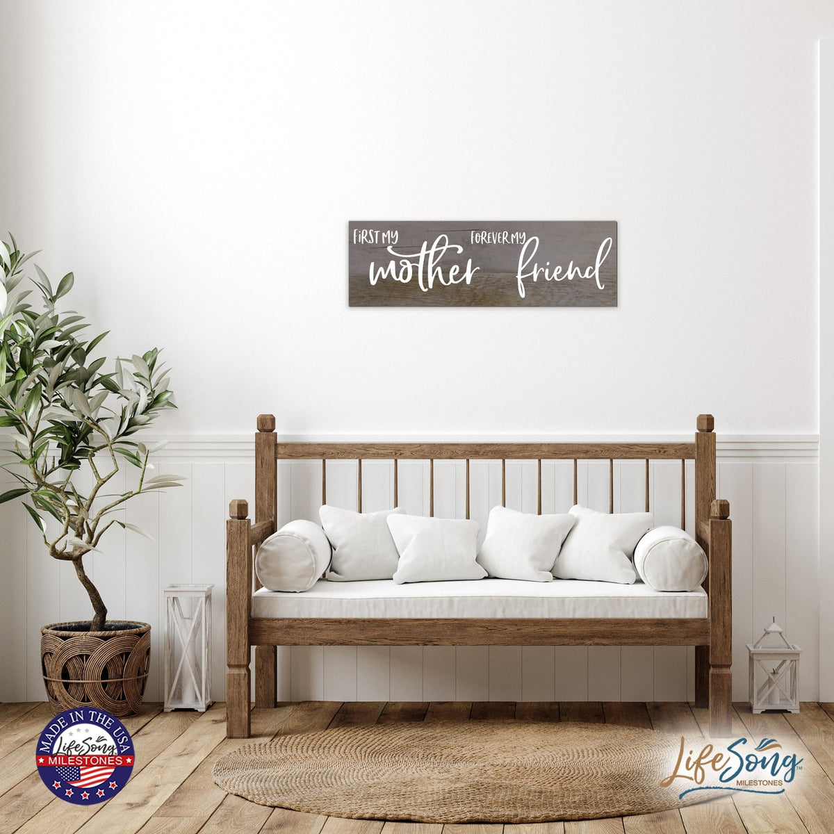 Modern Inspirational Wooden Wall Art Hanging Plaque 22.5x6 - First My Mother Forever My Friend - for Family and Home Decorations - LifeSong Milestones