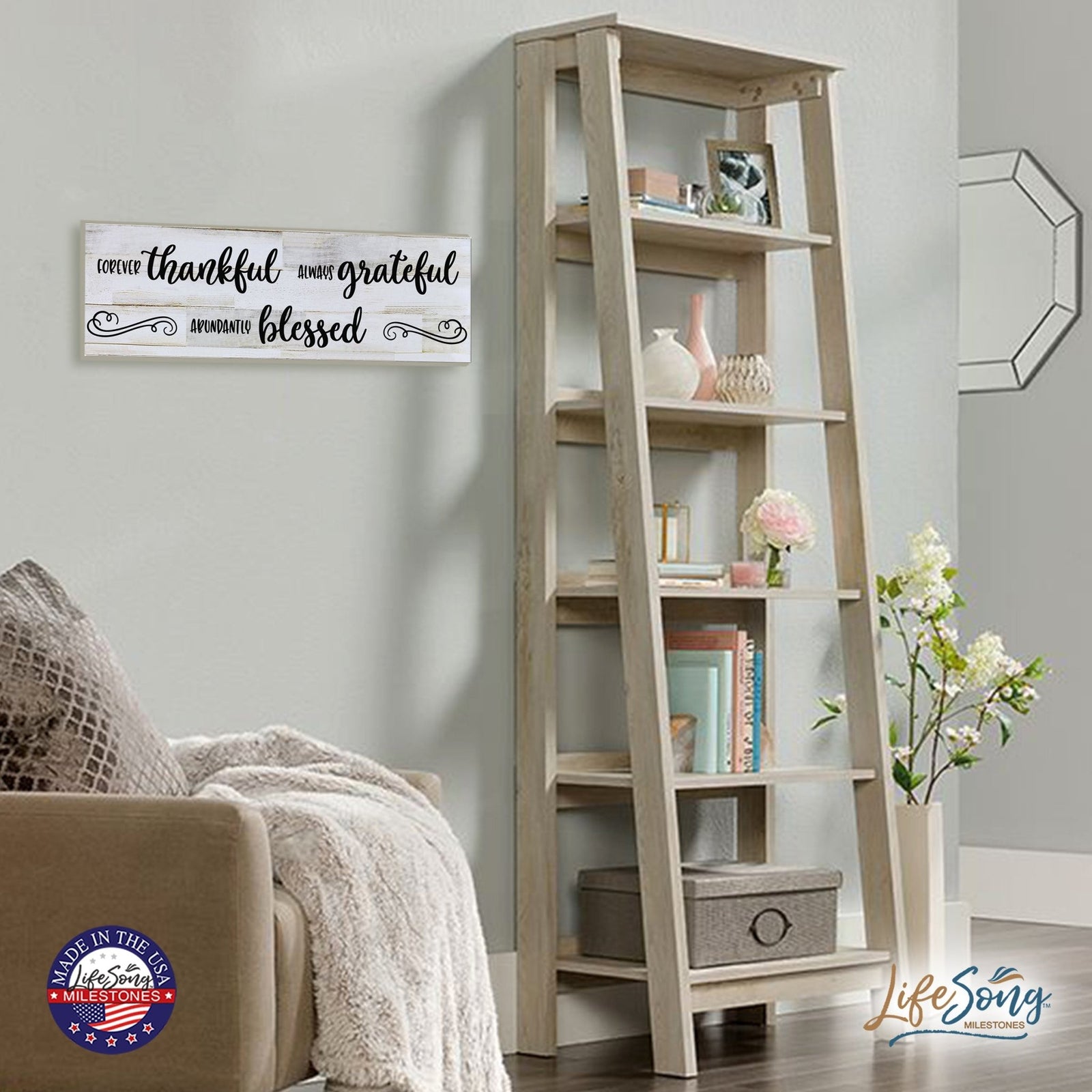 Modern Inspirational Wooden Wall Art Hanging Plaque 22.5x6 - Forever Thankful Always Grateful - for Family and Home Decorations - LifeSong Milestones