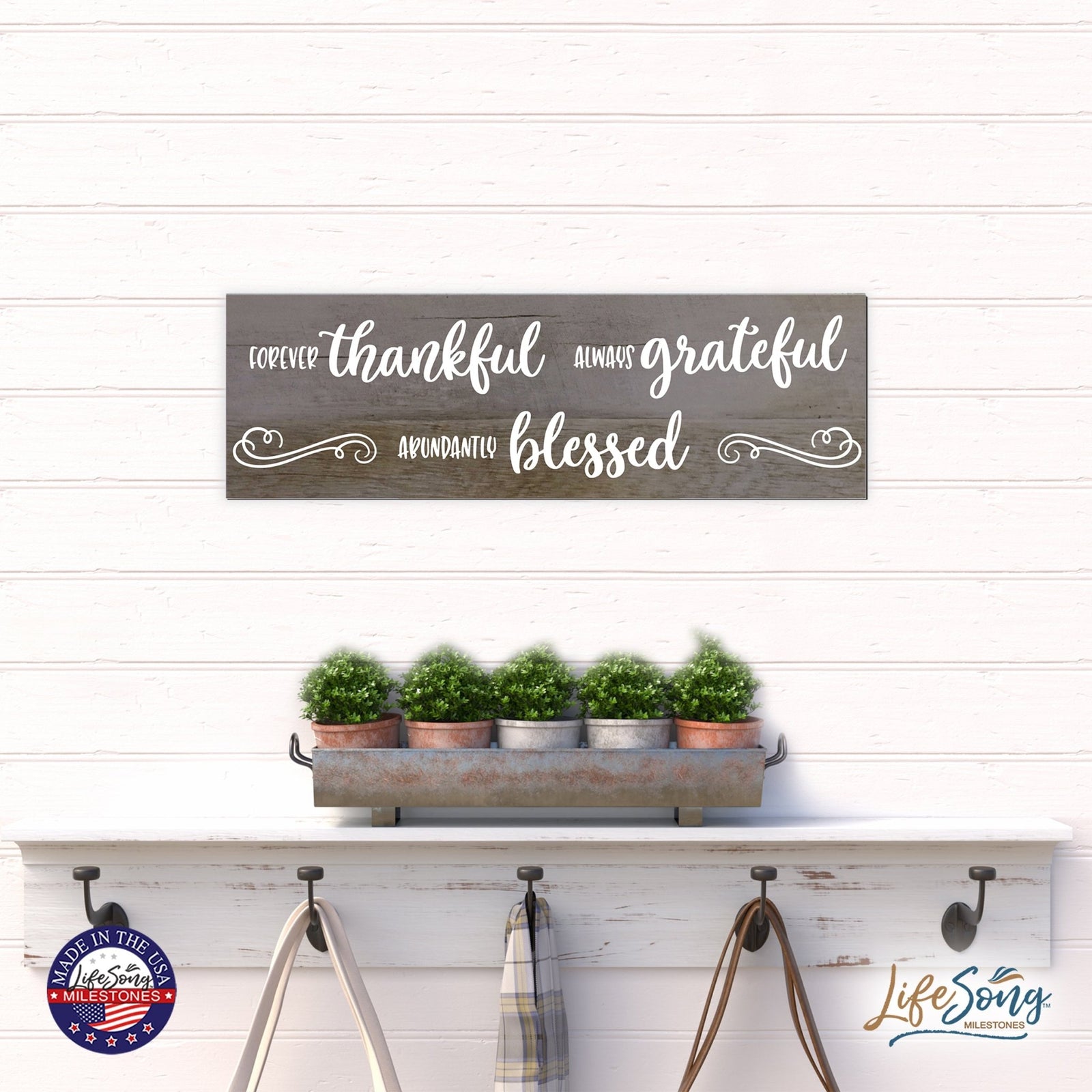 Modern Inspirational Wooden Wall Art Hanging Plaque 22.5x6 - Forever Thankful Always Grateful - for Family and Home Decorations - LifeSong Milestones