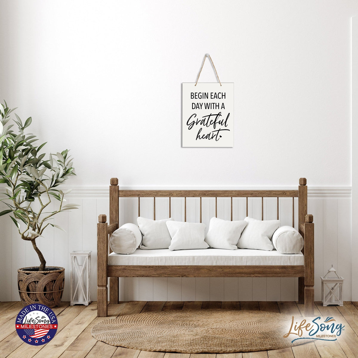 Modern Inspirational Wooden Wall Art Hanging Sign 12x15in - Begin Each Day - For Family And Home Decorations - LifeSong Milestones