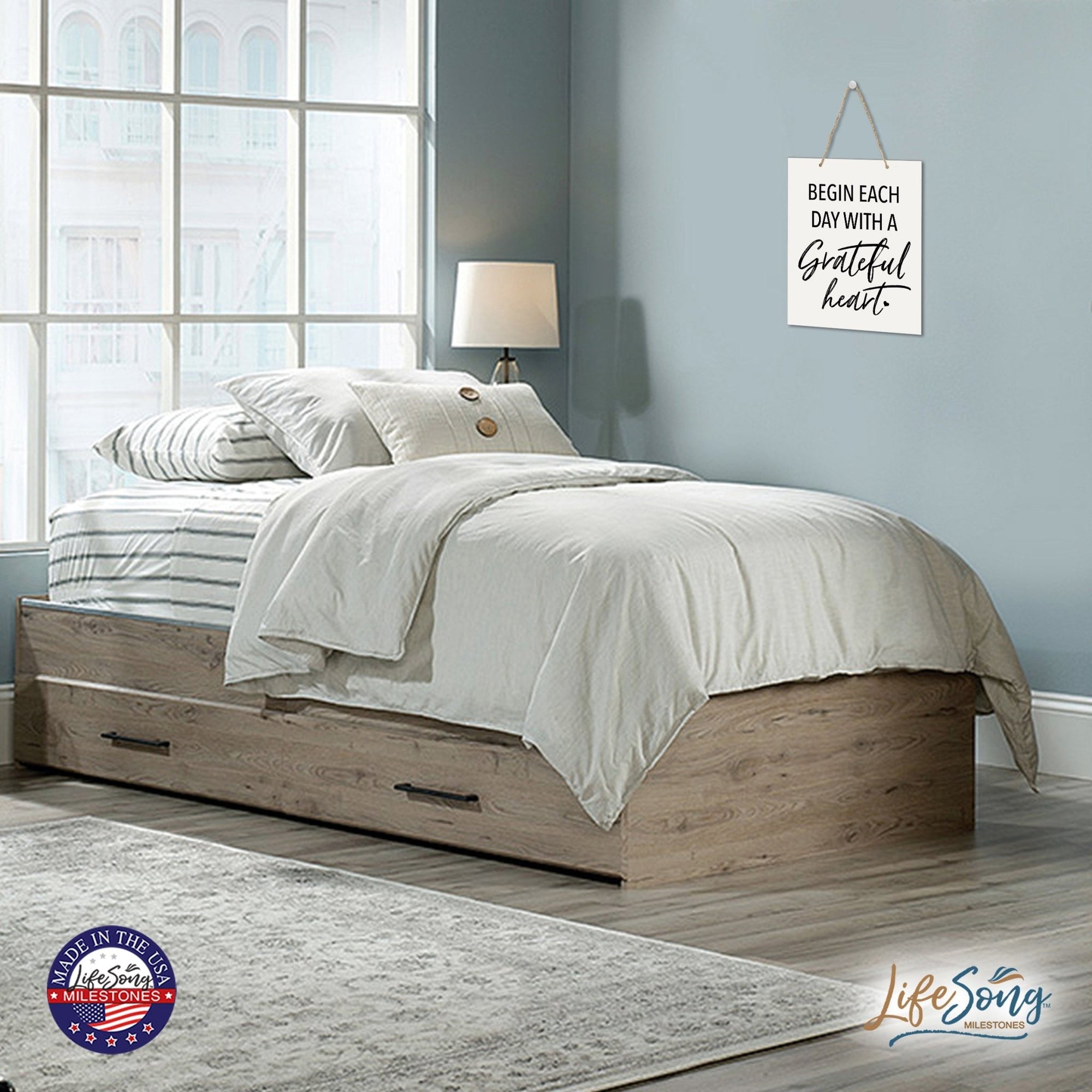 Modern Inspirational Wooden Wall Art Hanging Sign 12x15in - Begin Each Day - For Family And Home Decorations - LifeSong Milestones