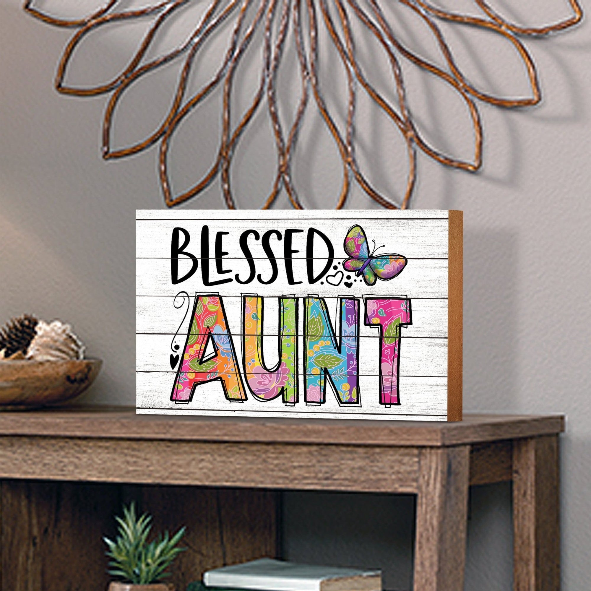 Modern-Inspired White Wooden Graffiti Art Shelf Sitter Gift Idea & Home Décor - Blessed Aunt - LifeSong Milestones