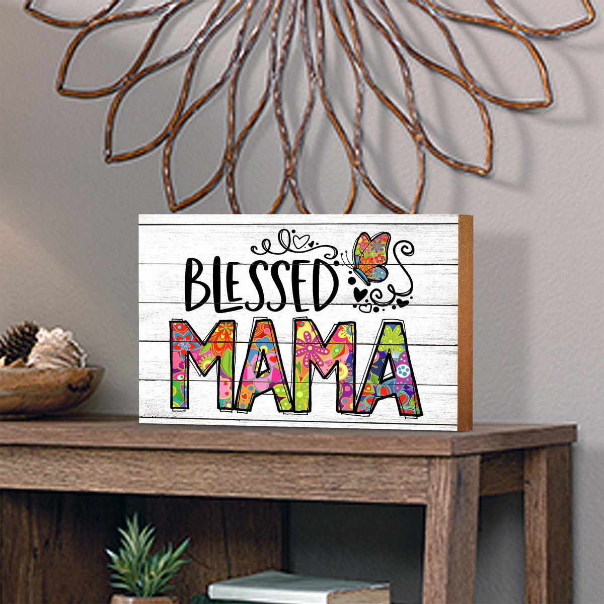 Modern-Inspired White Wooden Graffiti Art Shelf Sitter Gift Idea & Home Décor - Blessed Mama - LifeSong Milestones