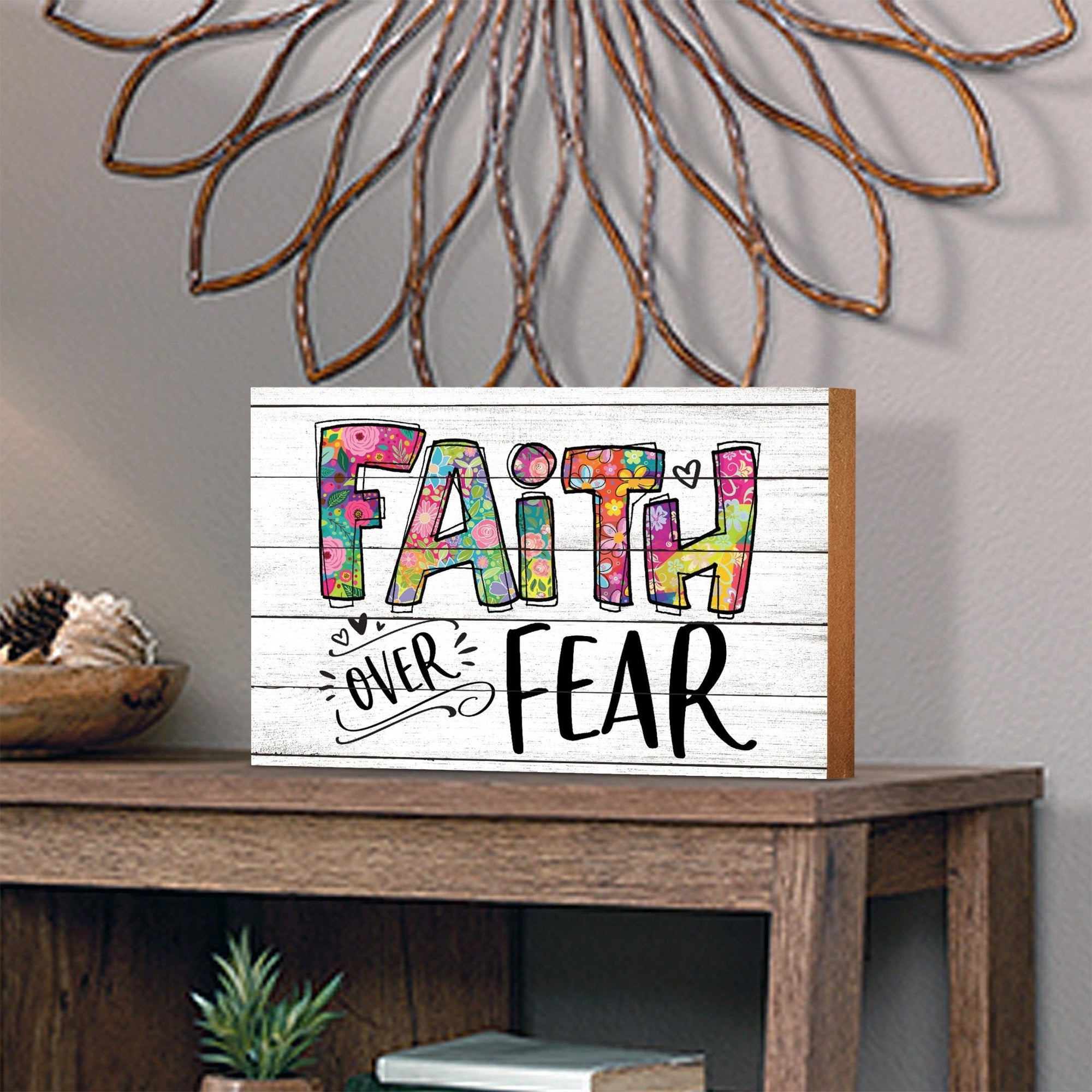 Modern-Inspired White Wooden Graffiti Art Shelf Sitter Gift Idea & Home Décor - Faith Over Fear - LifeSong Milestones