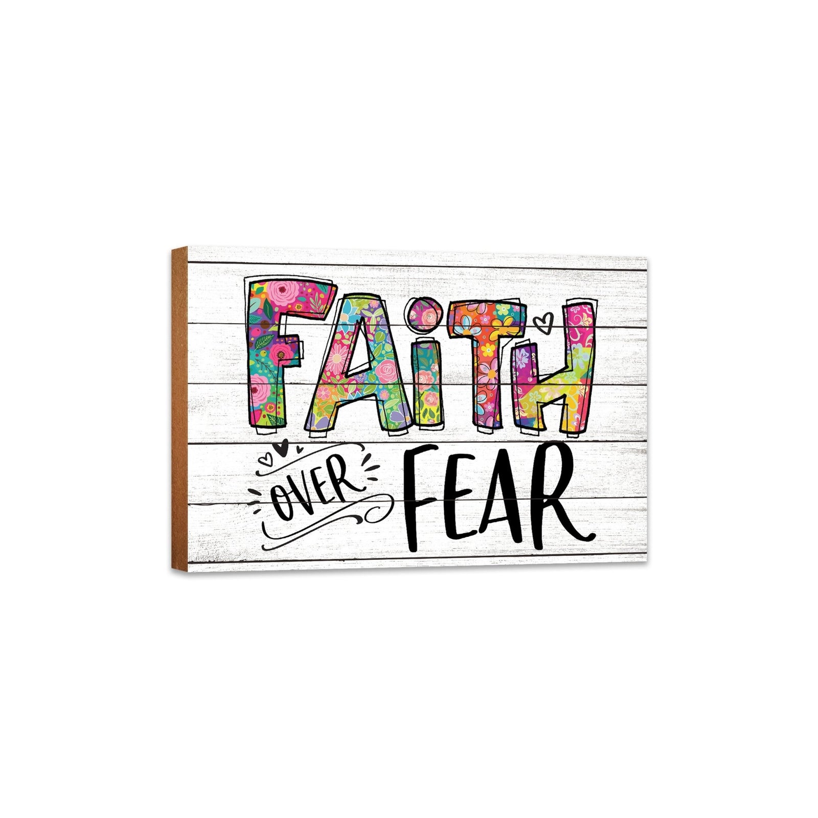 Modern-Inspired White Wooden Graffiti Art Shelf Sitter Gift Idea & Home Décor - Faith Over Fear - LifeSong Milestones