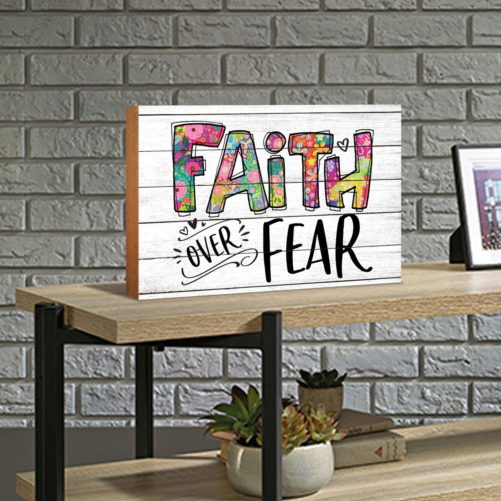 Modern-Inspired White Wooden Graffiti Art Shelf Sitter Gift Idea & Home Décor - Faith Over Fear - LifeSong Milestones