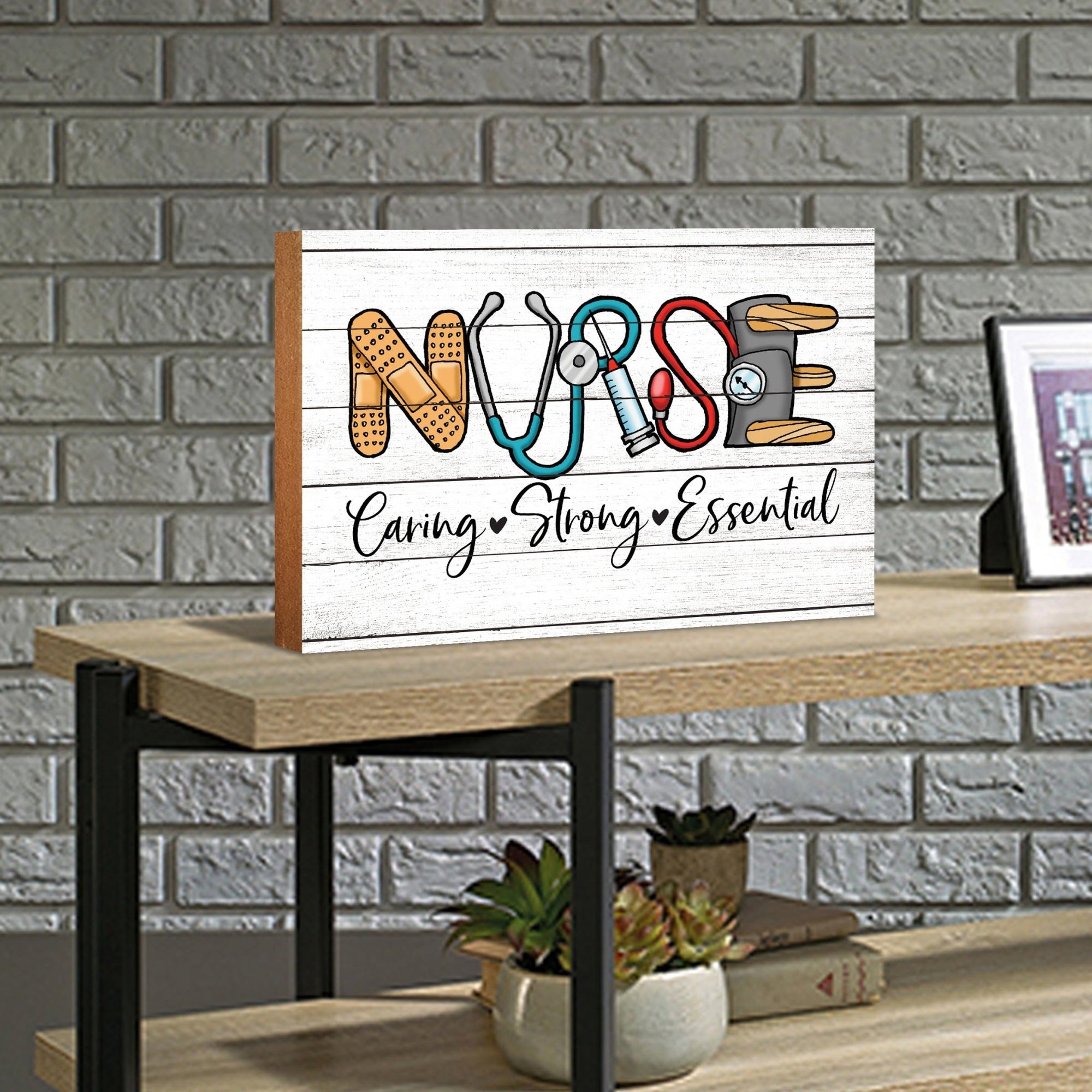 Modern-Inspired White Wooden Graffiti Art Shelf Sitter Gift Idea & Home Décor - Nurse Caring Strong - LifeSong Milestones