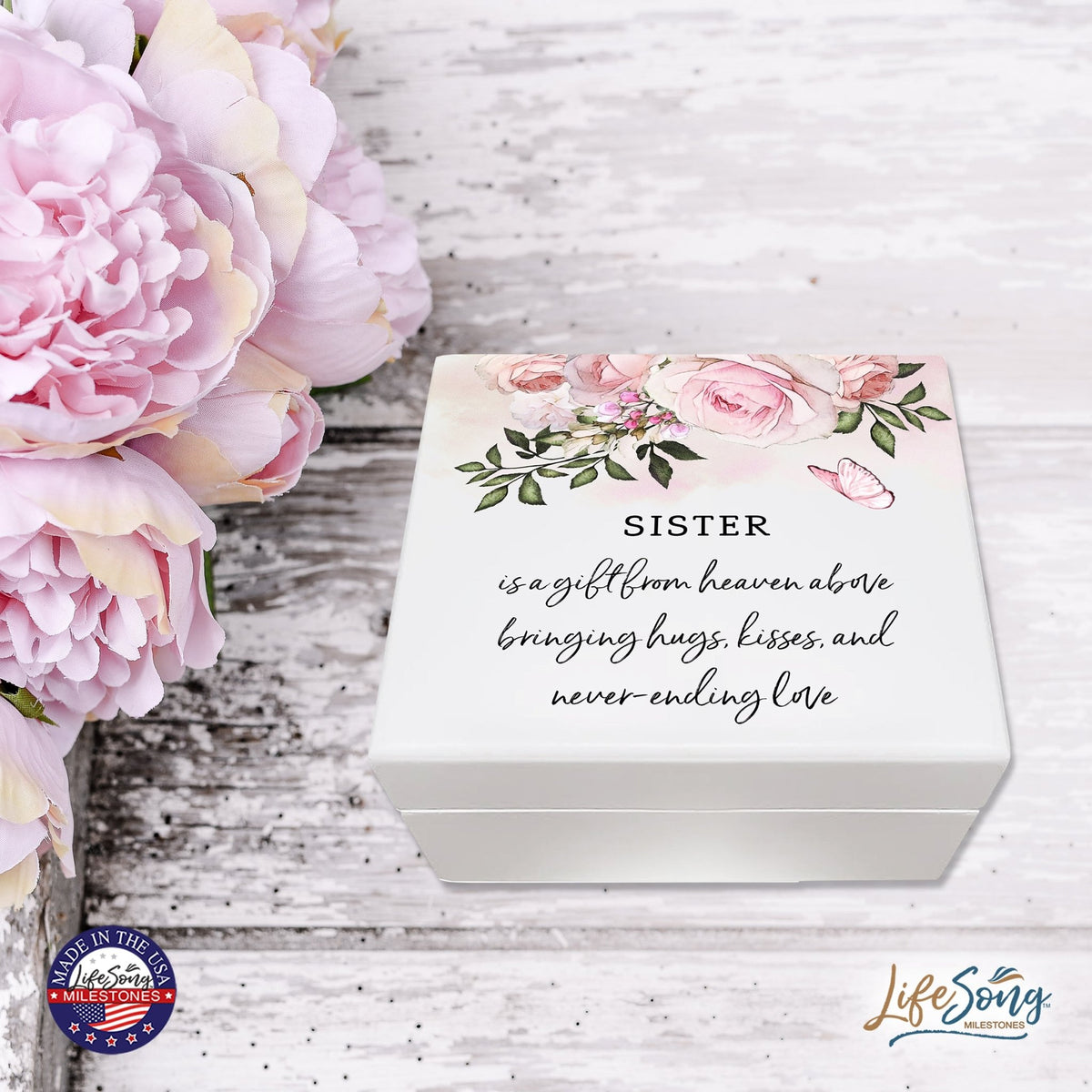 Modern Inspiring White Jewelry Keepsake Box for Sister 6x5.5 - A Gift From Heaven - LifeSong Milestones