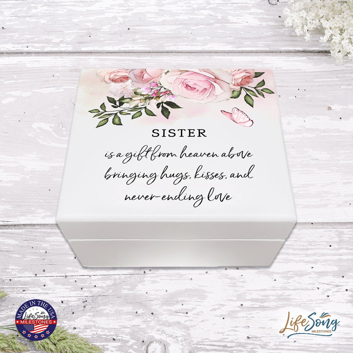 Modern Inspiring White Jewelry Keepsake Box for Sister 6x5.5 - A Gift From Heaven - LifeSong Milestones