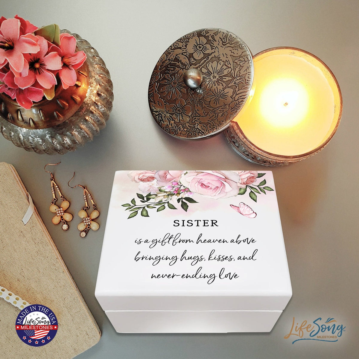Modern Inspiring White Jewelry Keepsake Box for Sister 6x5.5 - A Gift From Heaven - LifeSong Milestones