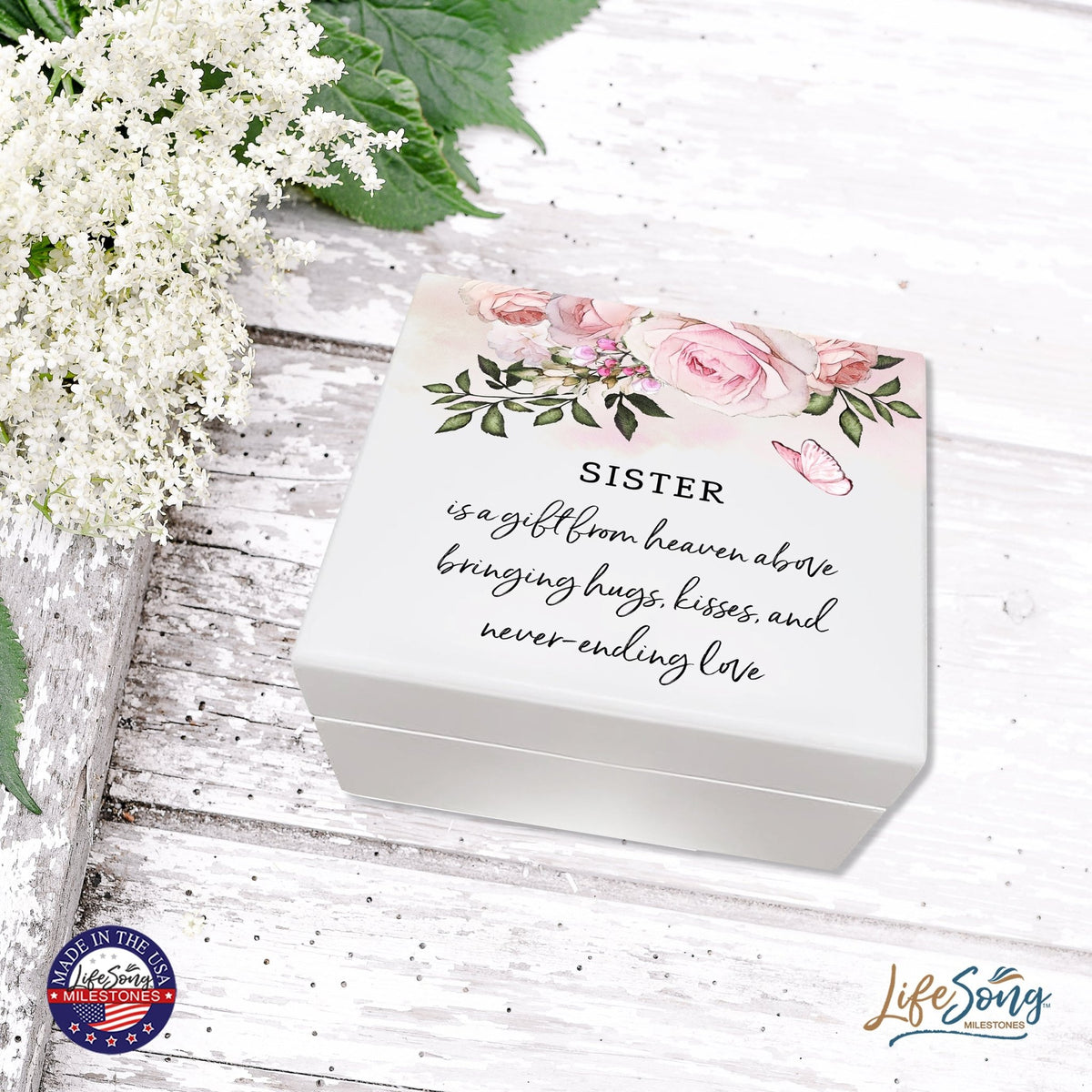Modern Inspiring White Jewelry Keepsake Box for Sister 6x5.5 - A Gift From Heaven - LifeSong Milestones