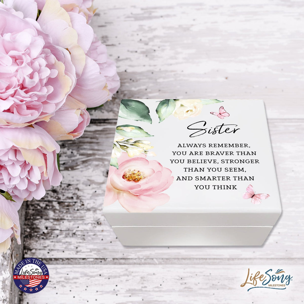 Modern Inspiring White Jewelry Keepsake Box for Sister 6x5.5 - Always Remember - LifeSong Milestones