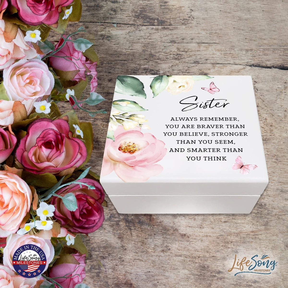 Modern Inspiring White Jewelry Keepsake Box for Sister 6x5.5 - Always Remember - LifeSong Milestones