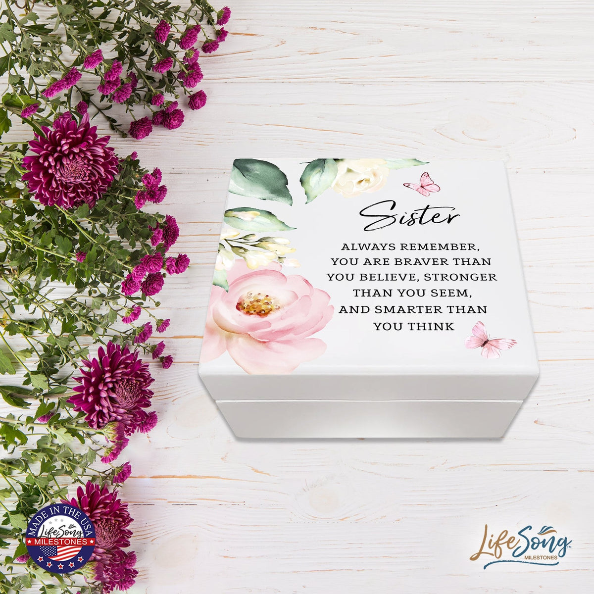 Modern Inspiring White Jewelry Keepsake Box for Sister 6x5.5 - Always Remember - LifeSong Milestones