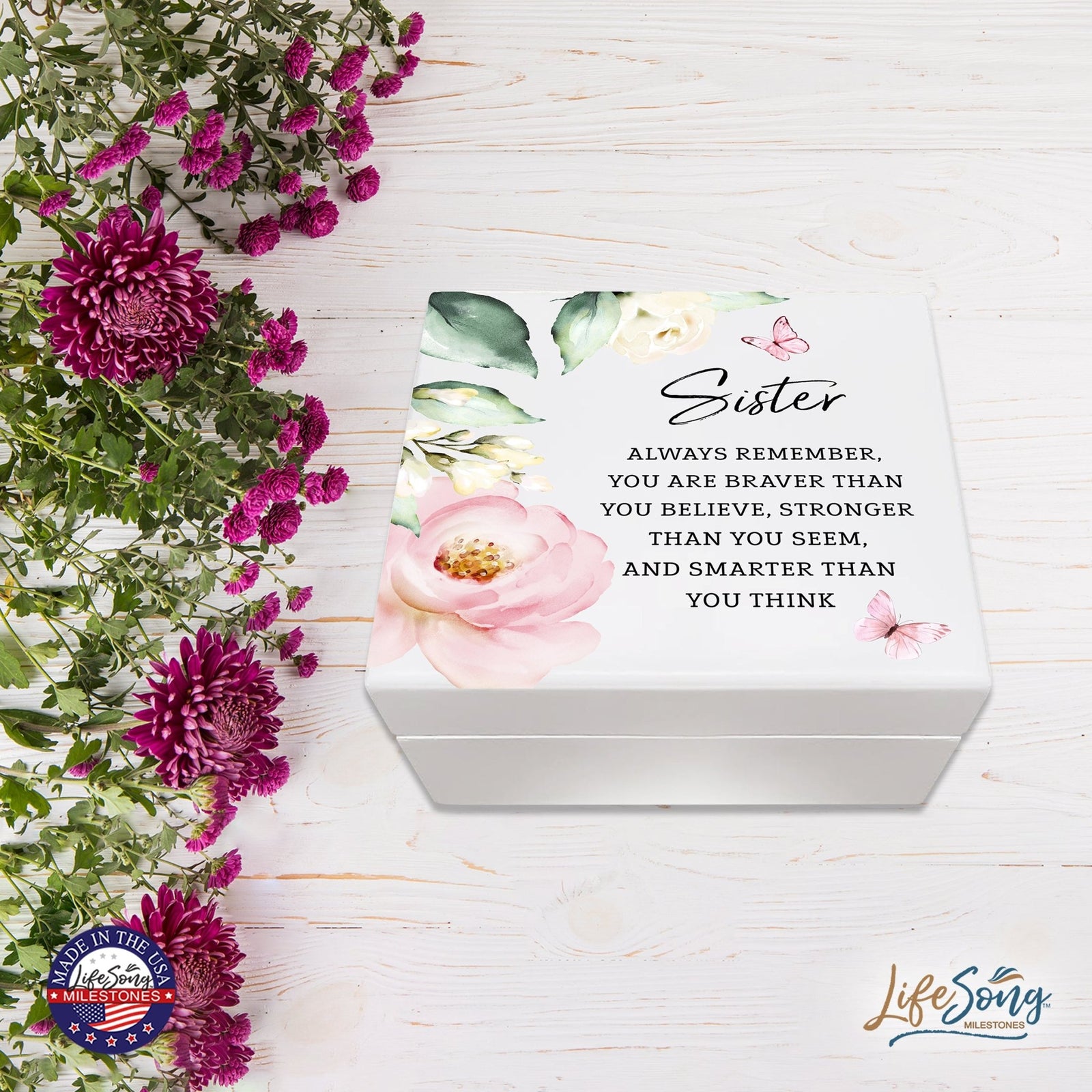 Modern Inspiring White Jewelry Keepsake Box for Sister 6x5.5 - Always Remember - LifeSong Milestones